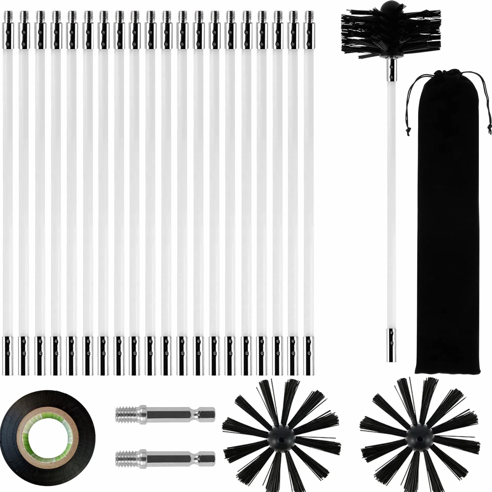 Zestaw 24 szczotek kominkowych, szczotka do kominka 100 mm, szczotka do czyszczenia komina, z 20 elastycznymi prętami 410 mm, 2 głowicami szczotki, 1 złącze wiertnicze + akcesoria, do suszarek