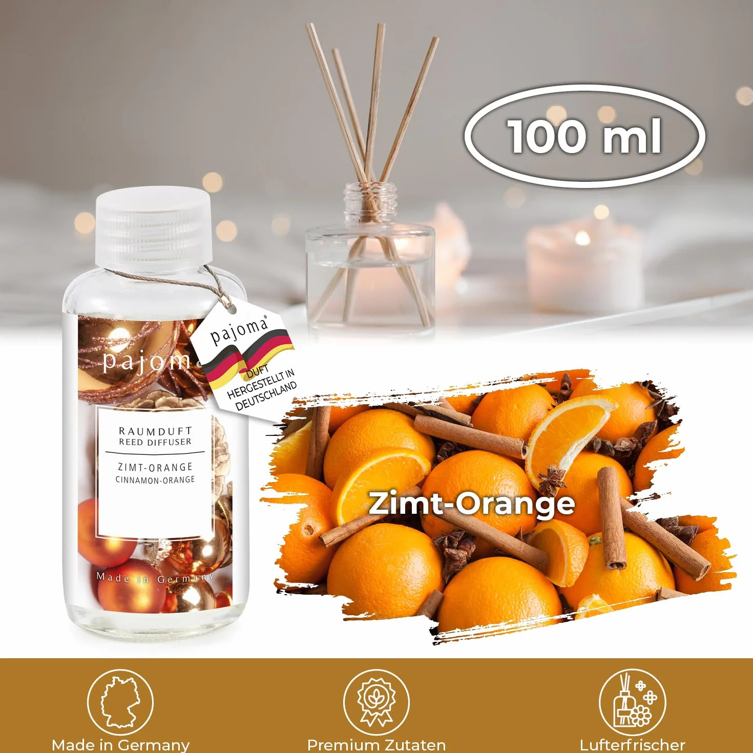 pajoma® Zapach do pomieszczeń butelka uzupełniająca 100 ml, cynamonowo-pomarańczowa | wkład do odświeżacza powietrza | intensywny i wysokiej jakości zapach w jakości premium