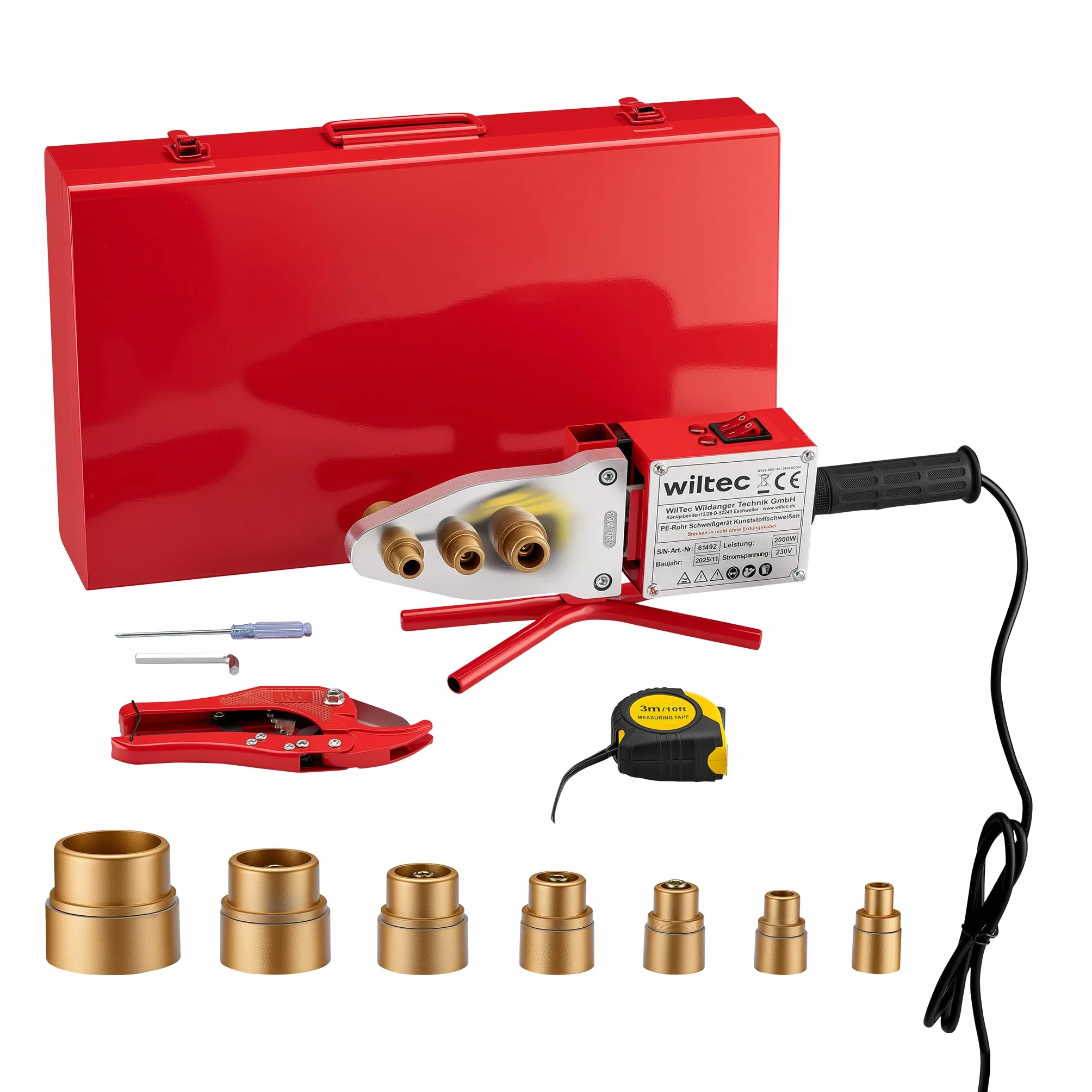 Wiltec Zgrzewarka do rur PE o mocy 2000 W do spawania termoplastycznego, 7 grzałek 16-63 mm w metalowym kufrze, nagrzewa się do 300°C