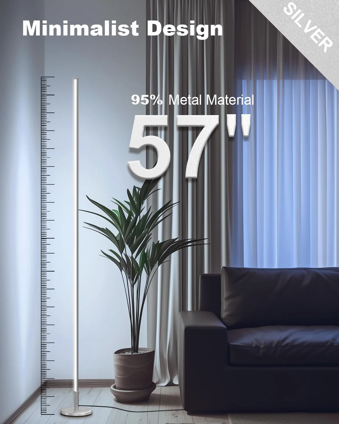 TACAHE Minimalistyczna Narożna Lampa Podłogowa - 2700K-6500K Regulowana Dioda LED - Nowoczesna Lampa Stojąca do Stylizacji Wnętrz z Pilotem do Salonu, Sypialni - 57" (145 cm) 12W - Srebrne