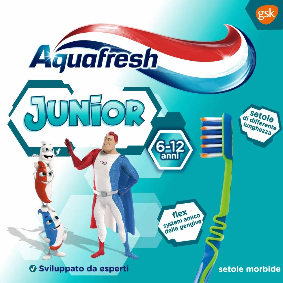 Aquafresh Junior Szczoteczka do zębów dla dzieci w wieku 6-12 lat, zęby mleczne i trwałe, miękkie włosie, skuteczne czyszczenie, elastyczna szyja, opakowanie 12 szt