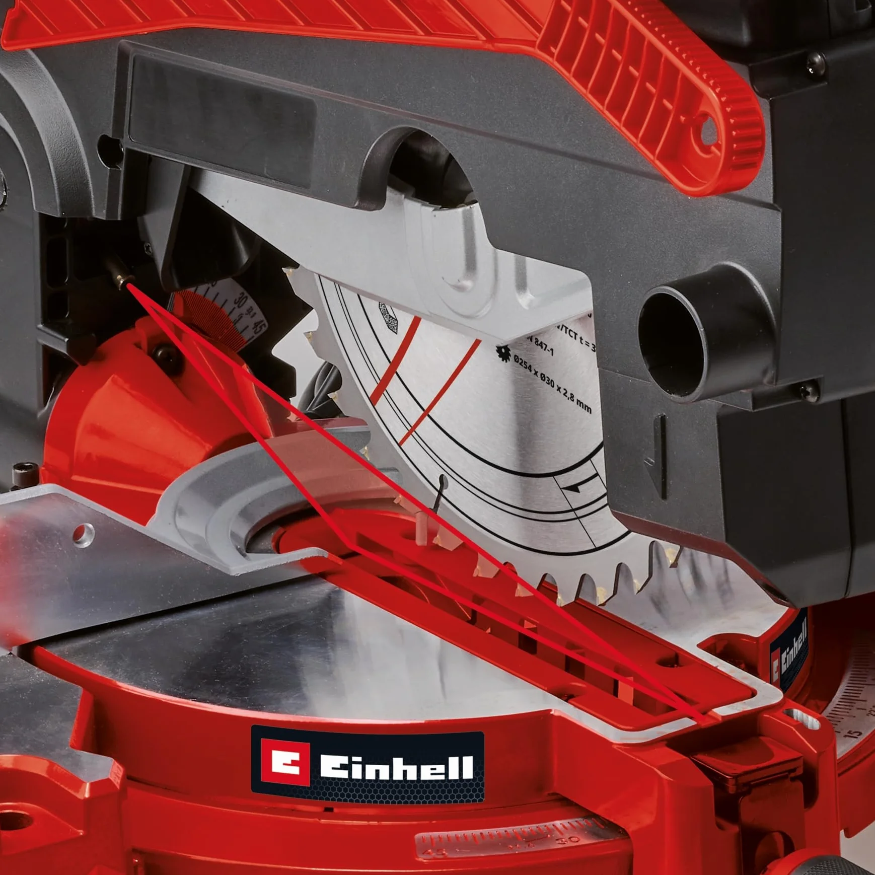 Einhell Piła ukośna ze stołem górnym TE-MS 254 T (2000 W, maks. głębokość cięcia 74 mm x 130 mm, brzeszczot piły Ø 254 mm, nachylona głowica piły, laser, funkcja piły stołowej)