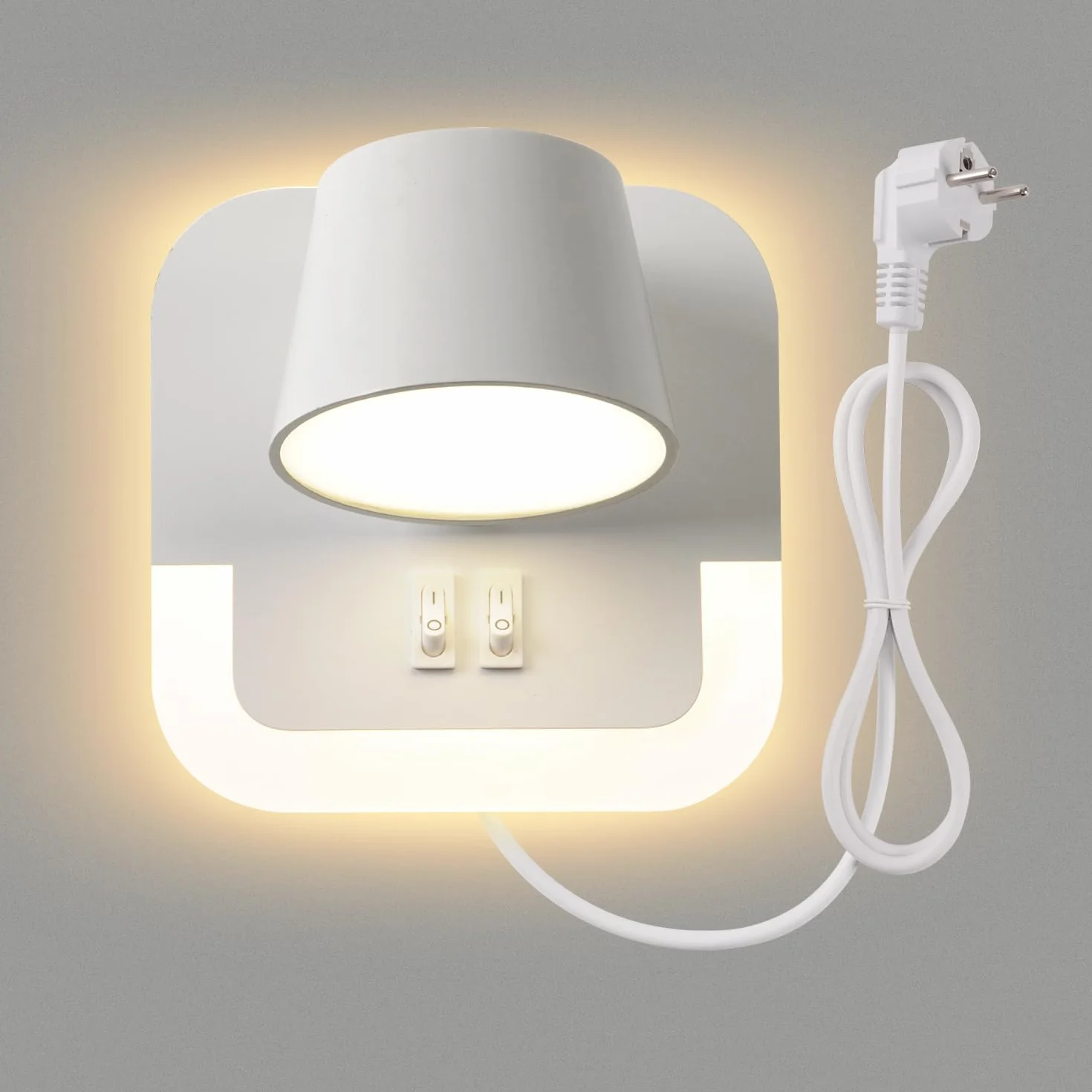 Lampa kinkiet LED, lampka nocna do czytania ściany Z kablem i wtyczką, 4W+8W lampka do czytania książki nocnej, lampka nocna sypialni kinkiet Z wyłącznikiem, Obrotowa głowica lampy, Biały