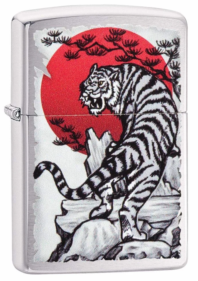 Zippo Zapalniczka Sztormowa, Azjatycki Tygrys, Szczotkowany Chrom, Kolorowy Motyw, z Możliwością Napełniania, Wielokrotnego Użytku, Płomień Odporny na Wiatr, w Pudełku Prezentowym, Made in USA