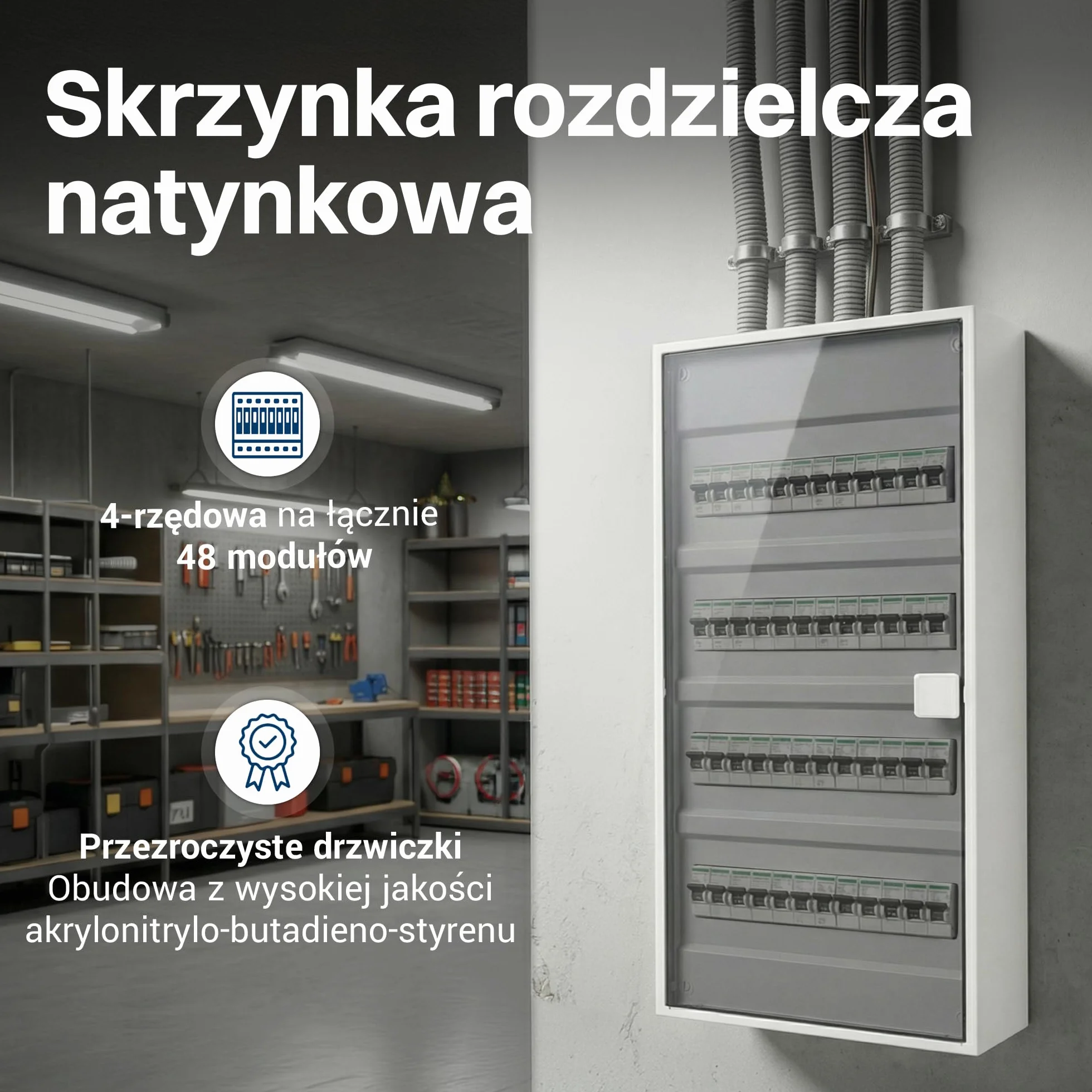 Intratec ALPHA Rozdzielnica natynkowa 4-rzędowa – Skrzynka rozdzielcza na 48 modułów z przezroczystymi drzwiami – Obudowa DIN do domu i zastosowań profesjonalnych – 650 × 310 × 96 mm
