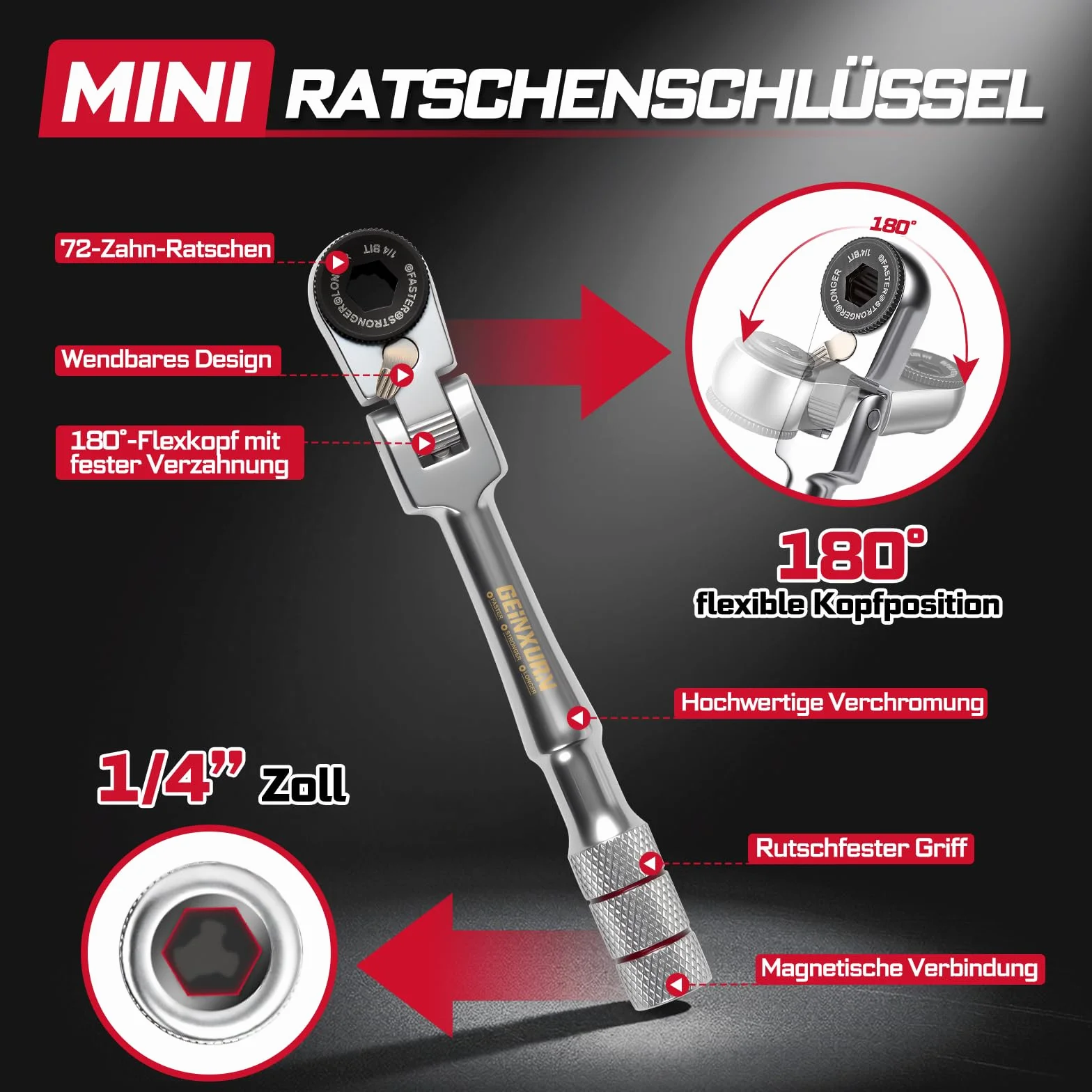 GEINXURN 50-częściowy zestaw mini kluczy z grzechotką, elastyczna ruchoma głowica, przedłużacz z adapterem sześciokątnym, 46-częściowy 25 mm S2 stal magnetyczny zestaw bitów (Phillips/Pozidriv/Torx