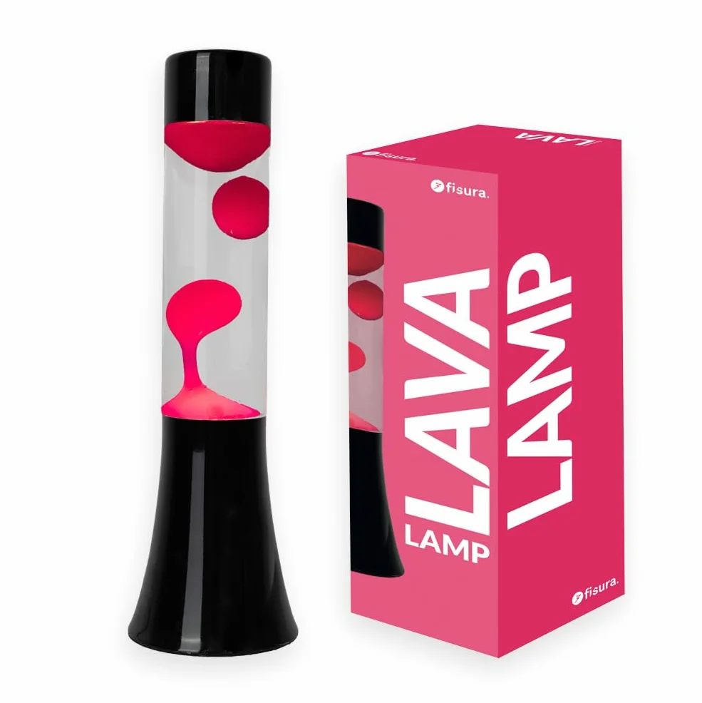 Fisura - Różowa lampa lawa. Lampa lawa o wysokości 30 cm z czarną podstawą, różową lawą i przezroczystym płynem. Relaksująca lampa. 9x9x30 cm