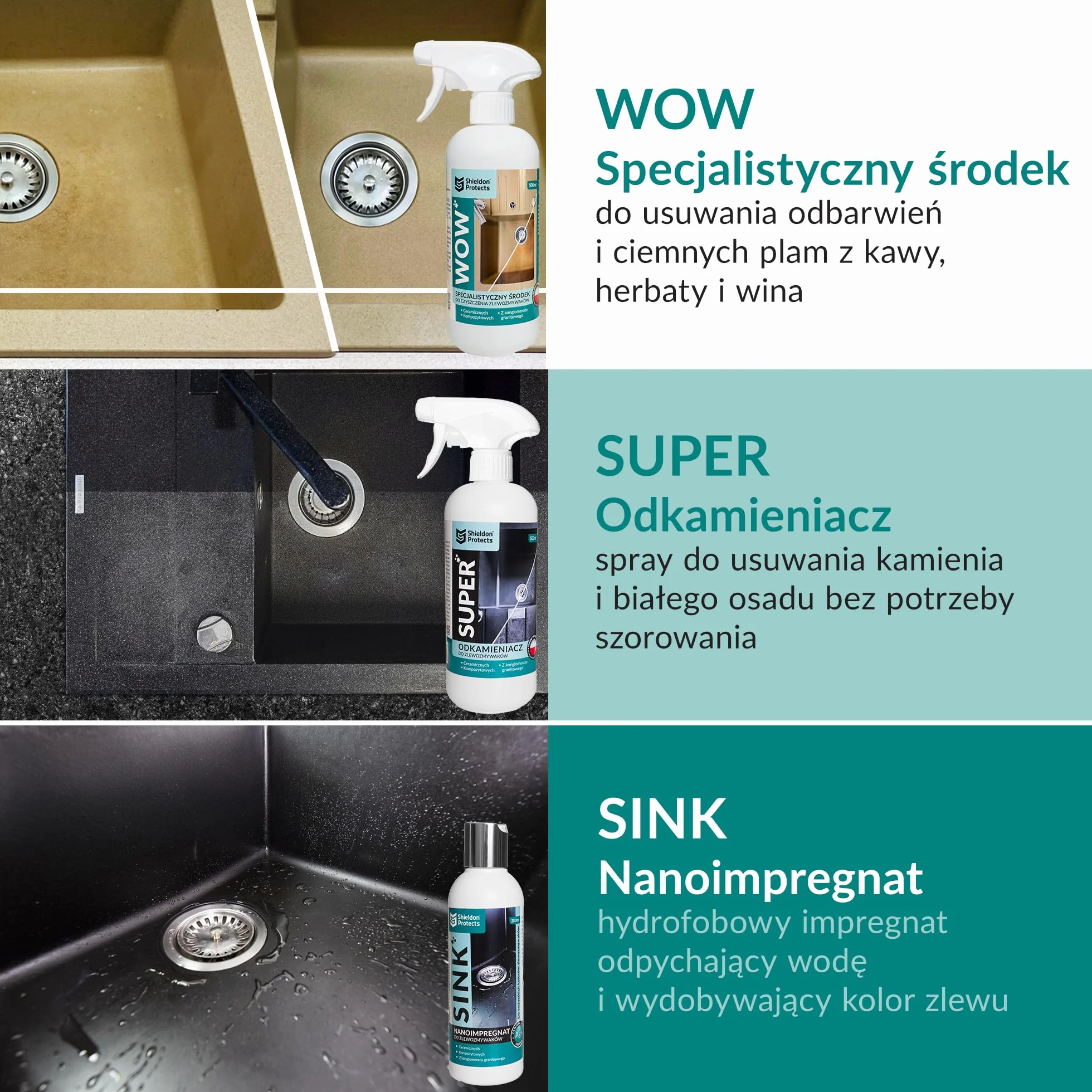 Shieldon Protects Sink Restorer - Zestaw do czyszczenia i renowacji zlewu granitowego, 3-etapowy system - silny środek do czyszczenia, odkamieniacz, impregnat + ściereczka z mikrofibry i 2 gąbki