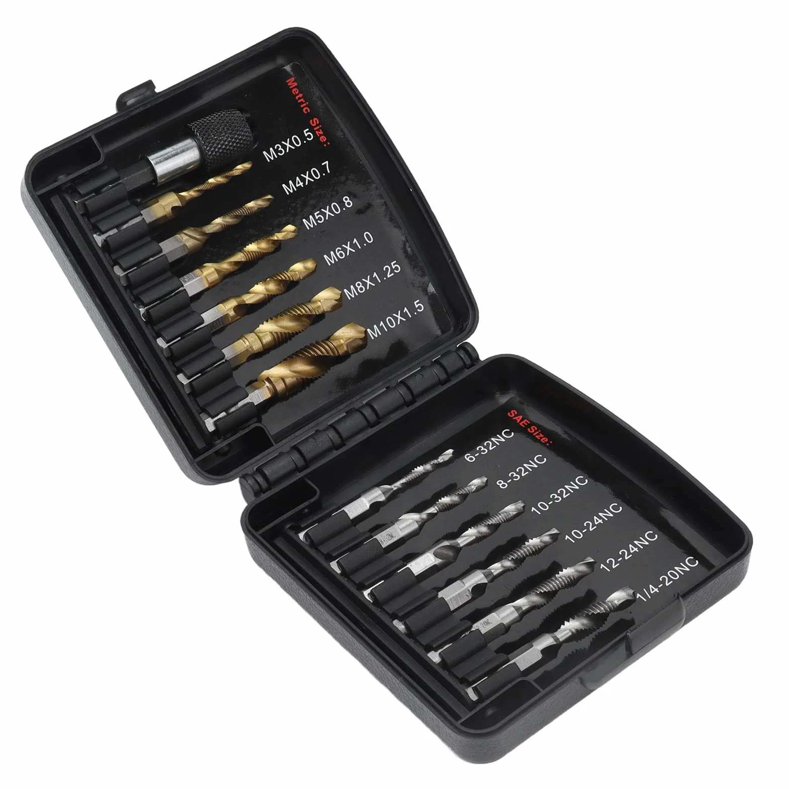 Zestaw wierteł do gwintowników, narzędzia do gwintowania 1/4 cala, system amerykański HSS metryczny Ti Plated Adapter Pure + Fast Change do wiercenia gwintów wkrętów