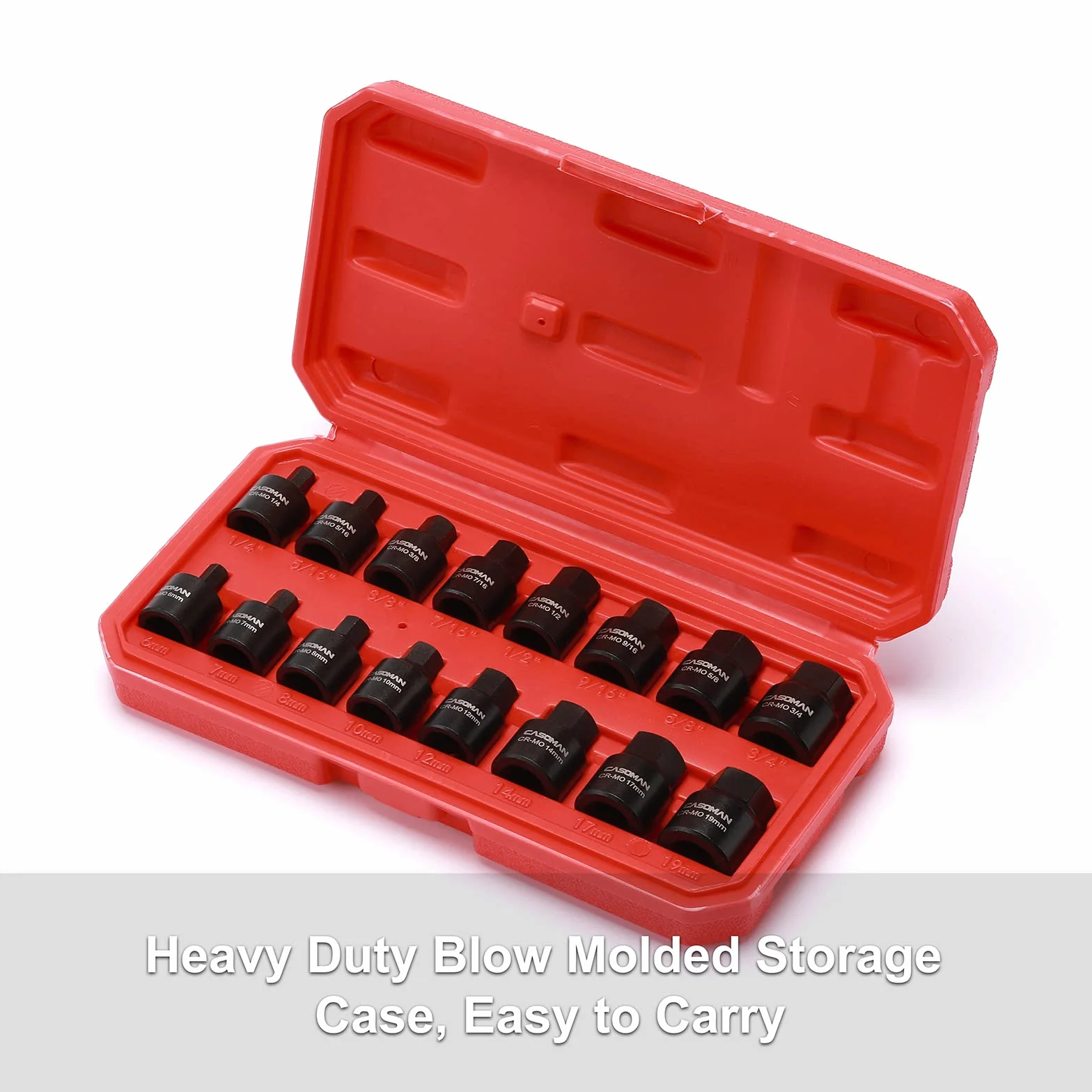CASOMAN 16-częściowy zestaw wkrętarek udarowych o niskim profilu 3/8", Cr-Mo, 6 mm-19 mm, zestaw nasadek sześciokątnych