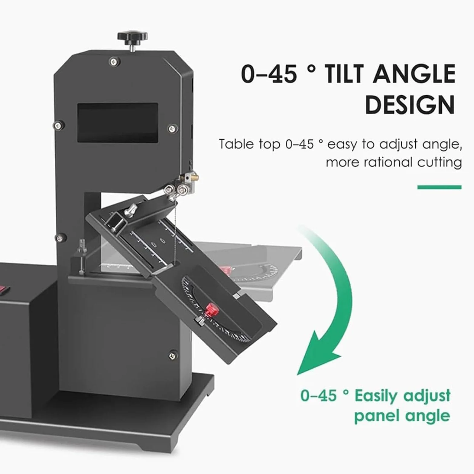 Profesjonalna taśmowa piła stołowa z odchylanym o 45° metalowym stołem roboczym,800W, głębokością cięcia 70 mm + prześwitem 90 mm, cięciami krzywoliniowymi i prostymi, 1750 obr./min
