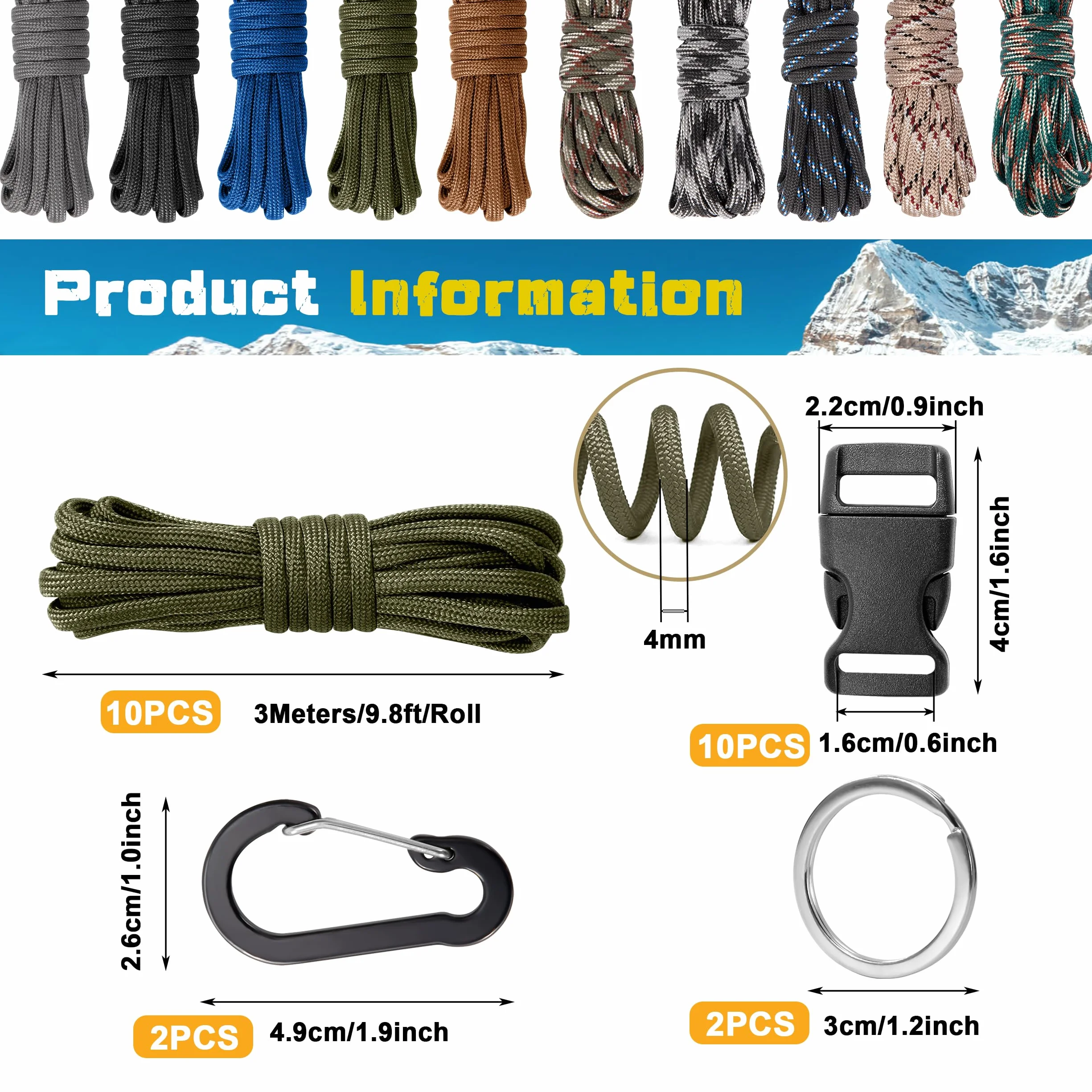 Zestaw Paracord, linka paracord, linka survivalowa typu "zrób to sam", linka spadochronowa, zestaw do rękodzieła z 10 klamrami odblokowującymi, 2 karabińczykami, 2 kółkami na klucze