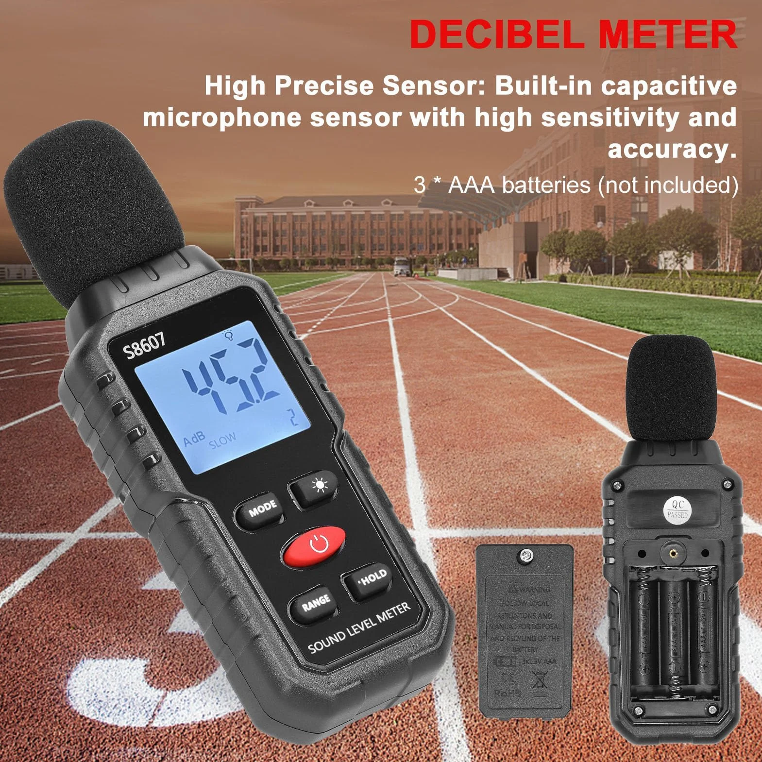 Miernik Decybeli, Cyfrowy Miernik Poziomu Dźwięku, Przenośny Miernik SPL od 30 DB do 130 DB, Tester Pomiaru Hałasu w Decybelach Audio z Podświetlanym Wyświetlaczem LCD, Pomiar