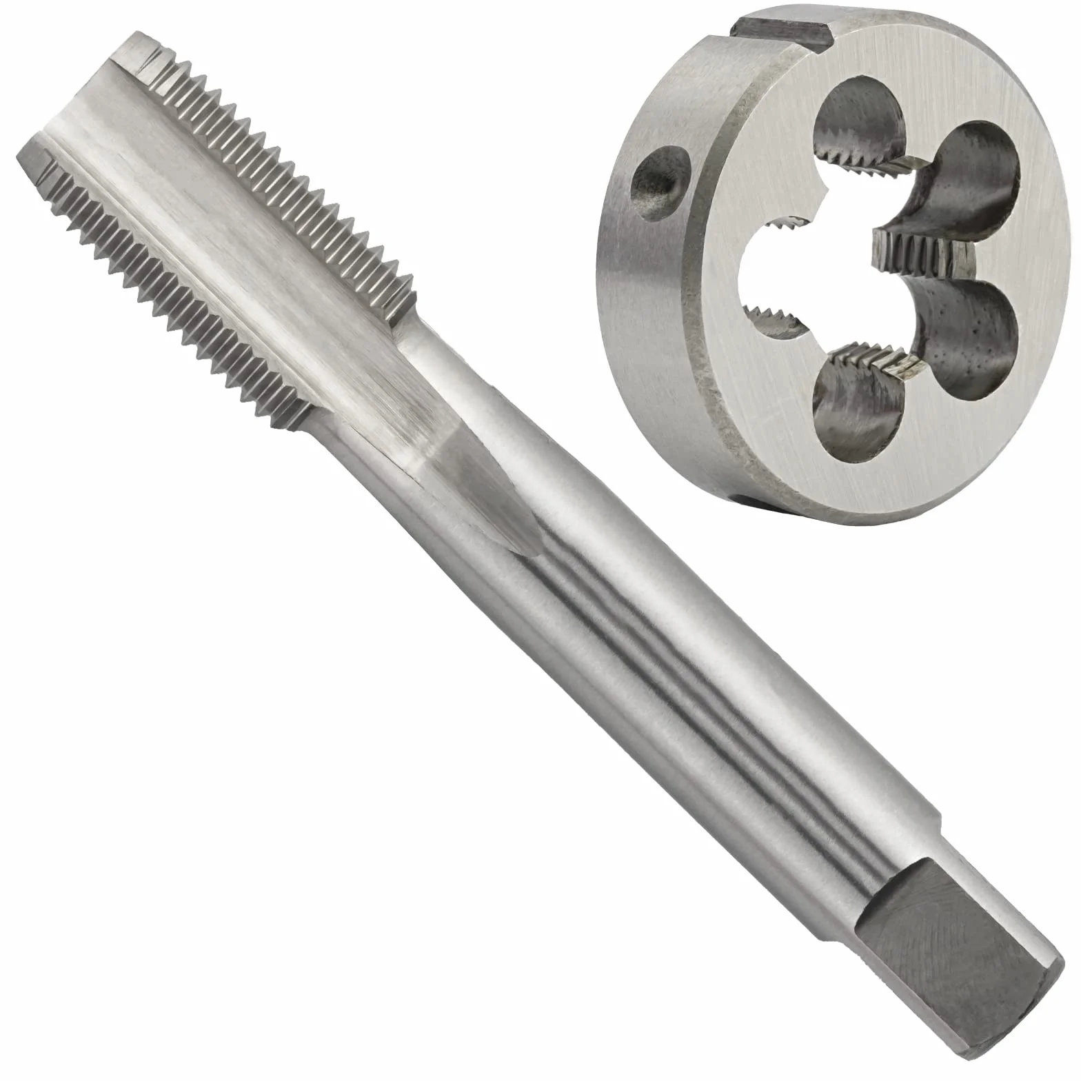 Zestaw gwintowników i narzynek metrycznych M30 x 1,0, gwintownik maszynowy HSS M30 x 1,0 mm i narzynka okrągła ze stali narzędziowej stopowej M30 x 1,0 mm, prawa strona
