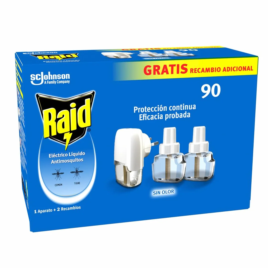 Raid Electric Odstraszacz komarów na komary zwykłe i tygrysie, 90 nocy z aplikatorem i 2 wkładami – 54 mililitry (2 x 27 ml), Opakowanie może się różnić