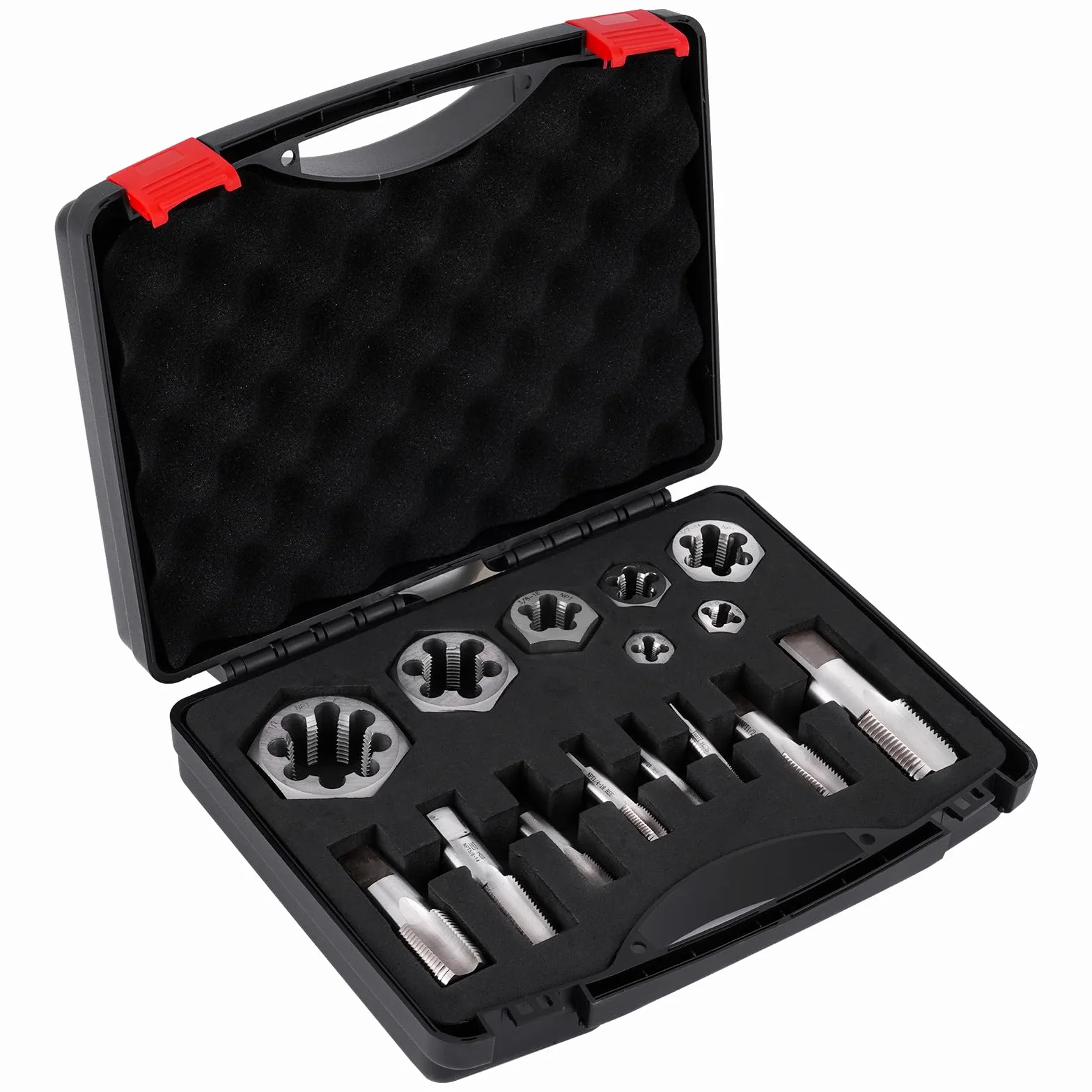 Zestaw gwintowników i narzynek do rur NPT, zestaw narzynek sześciokątnych 1/16", 1/8", 1/4", 3/8", 1/2", 3/4" i 1", 15 szt. gwintowników i narzynek ze stali szybkotnącej z walizką do przechowywania