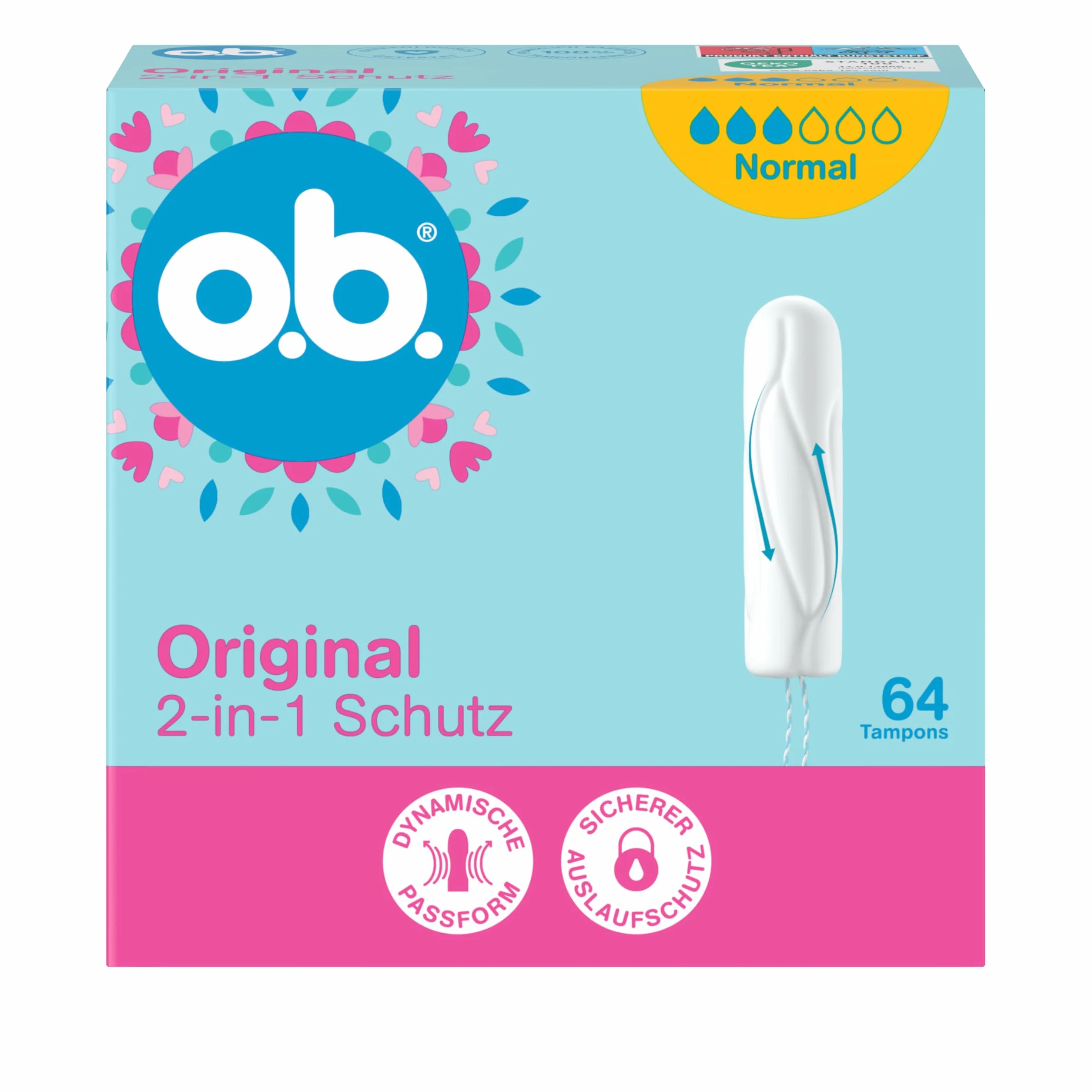 o.b. Oryginalne, normalne tampony ochronne 2 w 1 (1 x 64 szt.) z dynamicznym dopasowaniem i nachodzącymi na siebie rowkami dla 100% ochrony przed wyciekiem i komfortu