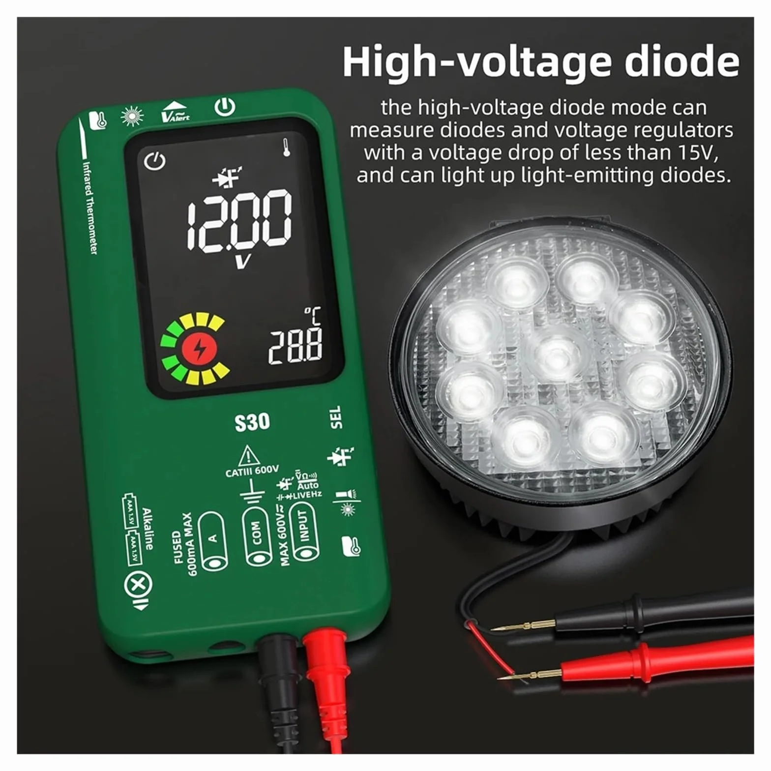 S30 USB Charge Kolorowy Ekran LCD Multimetr Cyfrowy Termometr Na Podczerwień True 15V Dioda AC DC Napięcie Prądu Tester Szybko Dokładnie Łatwy Odczyt(Black S30)