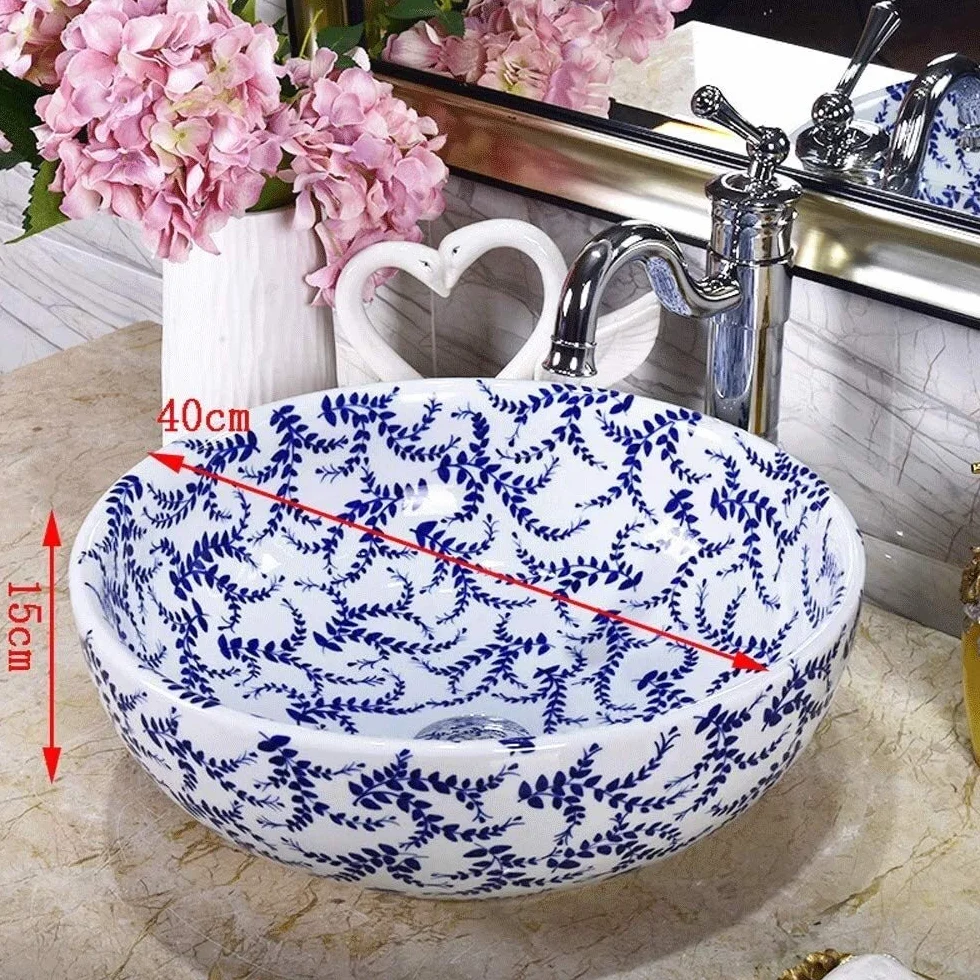 Szafka Pod Umywalkę Z Umywalką, Umywalka Nablatowa, Nowoczesna Okrągła Ceramiczna Umywalka Nablatowa, Porcelanowa Miska Nablatowa Z Ręcznie Malowanym Wzorem Liści