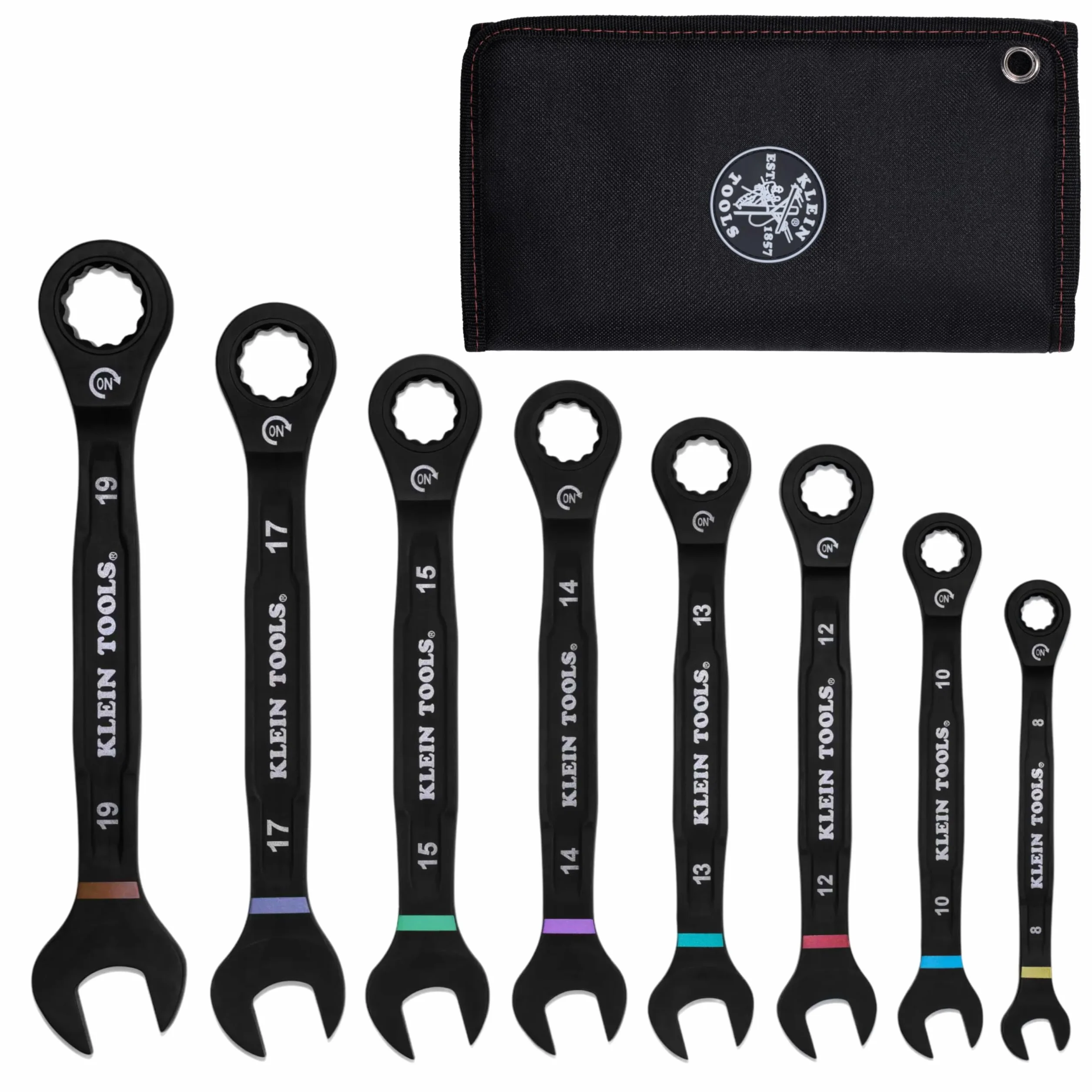 Klein Tools Zestaw kluczy płasko-oczkowych 69408MG, metryczny, 8-częściowy, 8 do 19 mm, stop stali, woreczek piankowy, 90-zębowy