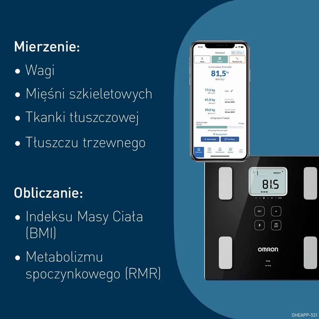 Waga OMRON VIVA Bluetooth Smart i monitor składu ciała z pomiarem tkanki tłuszczowej, masy ciała, zawartości tłuszczu trzewnego, masy mięśni szkieletowych, metabolizmu spoczynkowego i BMI