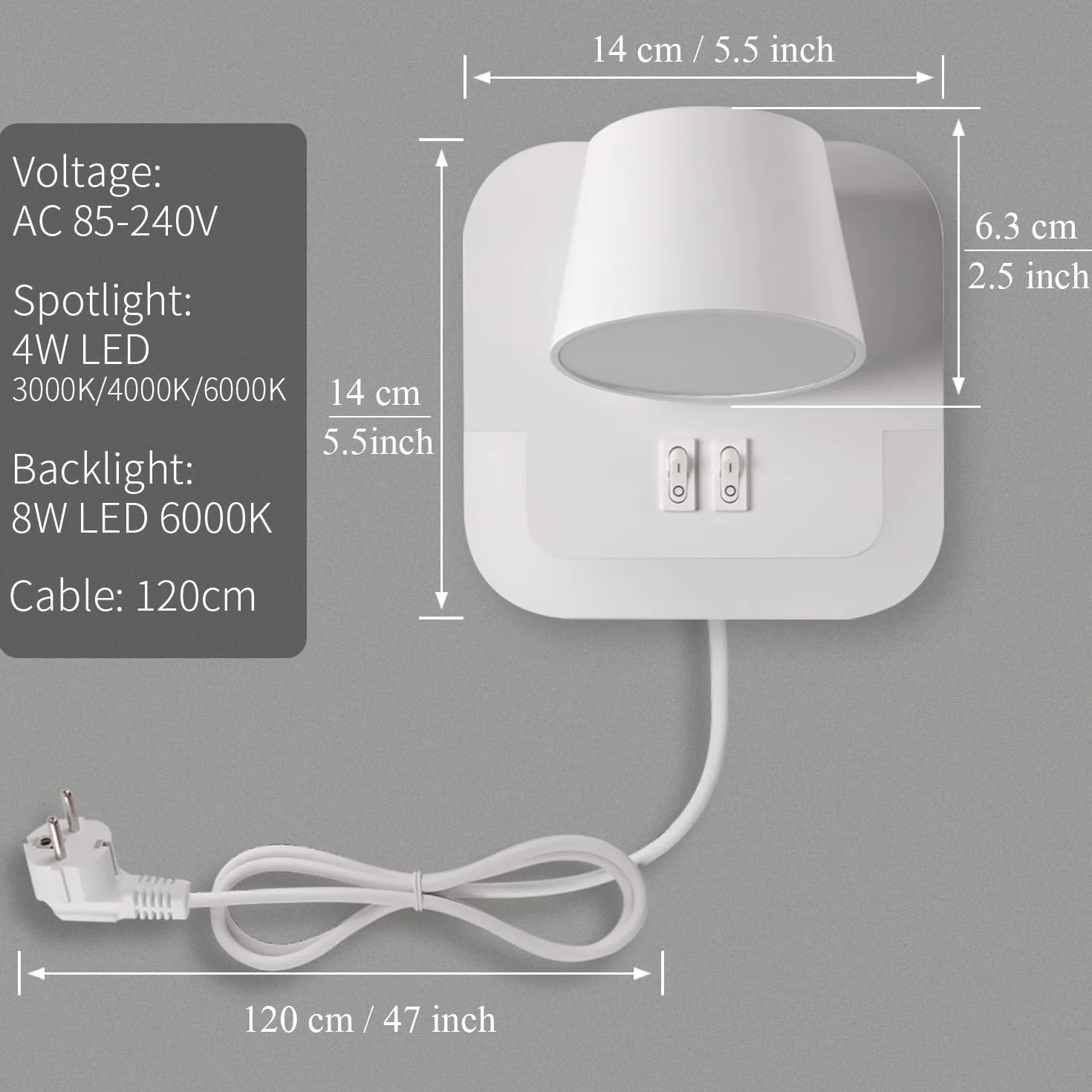 Lampa kinkiet LED, lampka nocna do czytania ściany Z kablem i wtyczką, 4W+8W lampka do czytania książki nocnej, lampka nocna sypialni kinkiet Z wyłącznikiem, Obrotowa głowica lampy, Biały