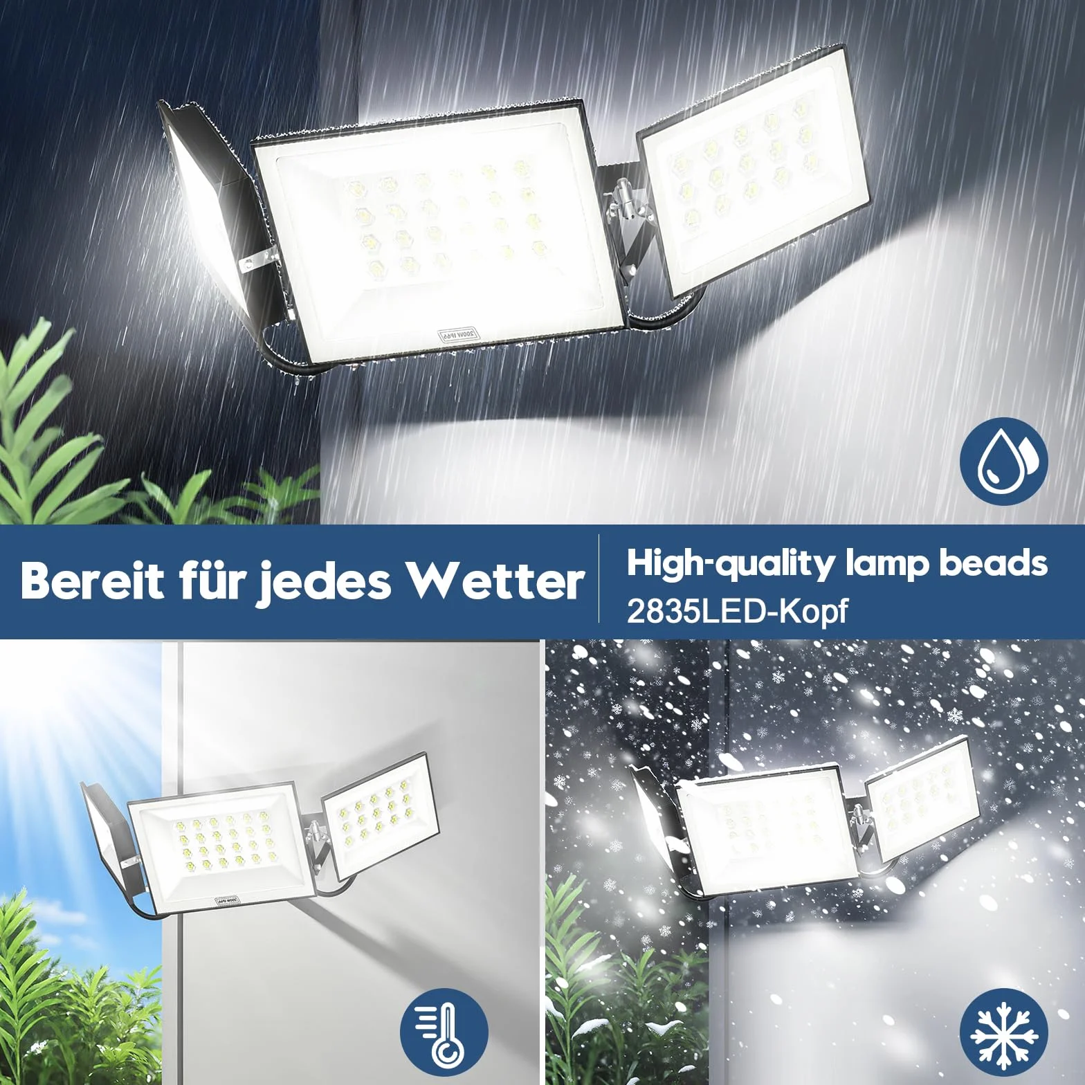 papasbox Reflektor zewnętrzny LED, 200 W, do ogrodu, garażu, na boisko sportowe