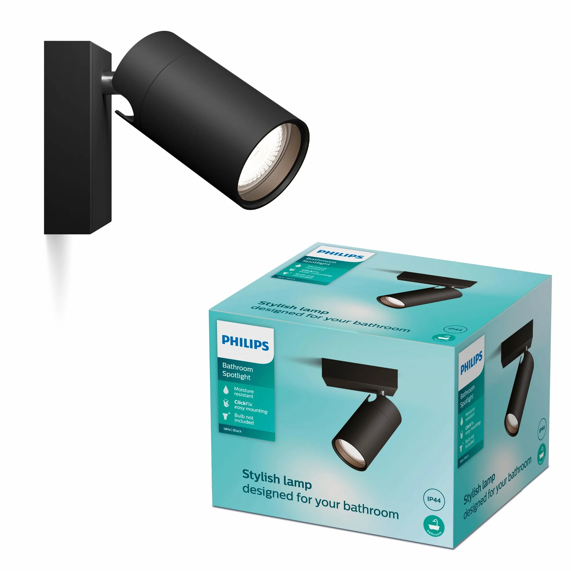 Philips LED Pojedynczy reflektor punktowy Idris, czarny, IP44, wodoodporny, żarówka GU10 nie wchodzi w skład zestawu