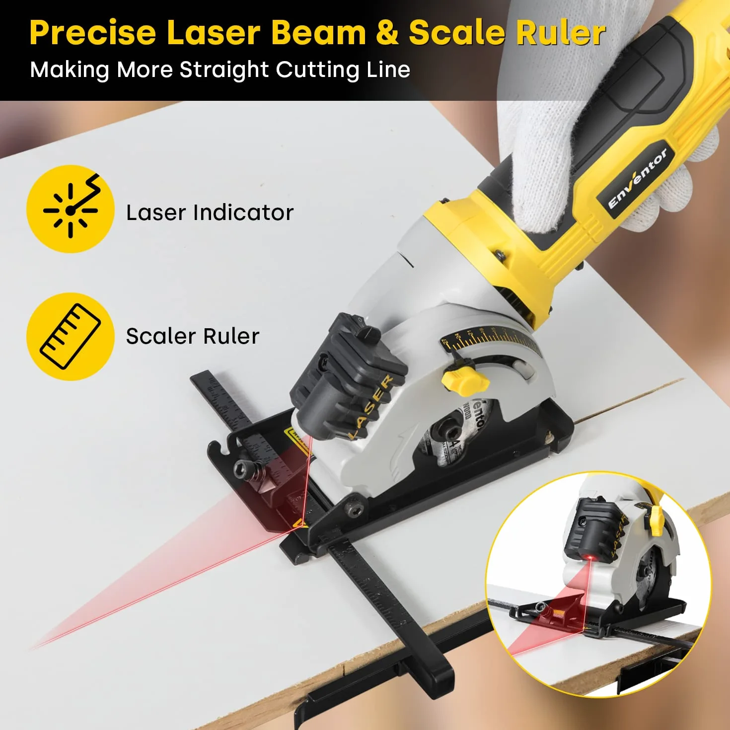 Enventor 580W Mini piła tarczowa, mini ręczna piła tarczowa z linijką i prowadnicą laserową, 4000 obr./min, trzymanie jedną ręką, 3 brzeszczoty, do drewna, płytek, tworzyw sztucznych i cienkich metali