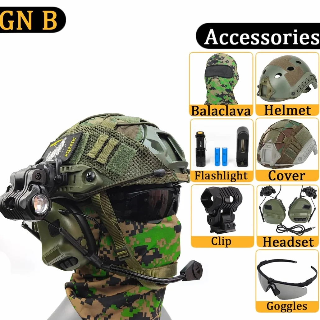 Zestaw hełmu i zestawu słuchawkowego z redukcją szumów, Z goglami, Latarka, Pokrowiec na hełm, Światła błyskowe, Balaclava, Do gier Bbs, Paintball, strzelanie CBQ, polowanie