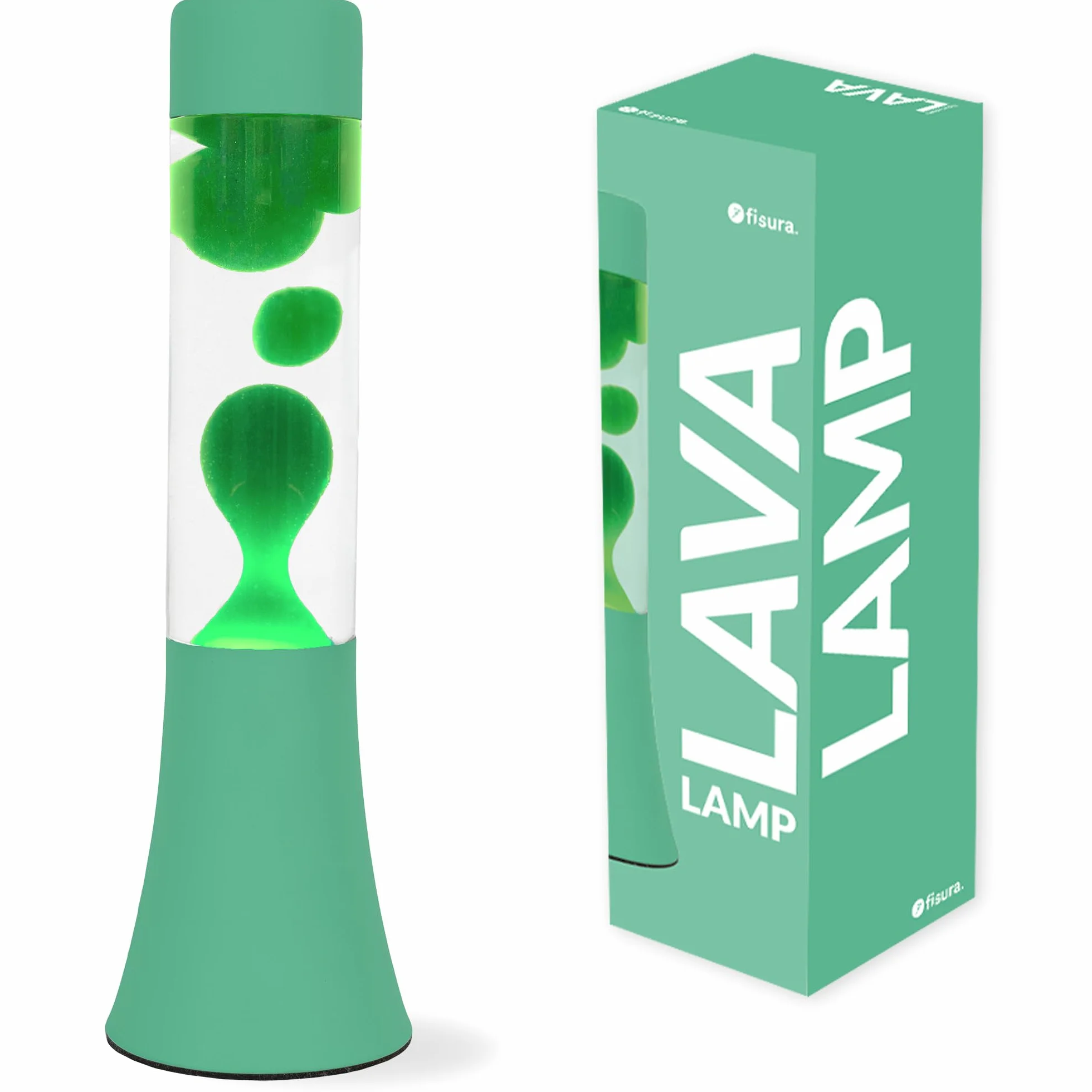 Fisura – Lampa z lawą w kolorze zielonym. Lampa lawowa o wysokości 30 cm z zieloną podstawą i lawą, przezroczysty płyn. Oryginalny prezent retro. 9x9x30 cm.