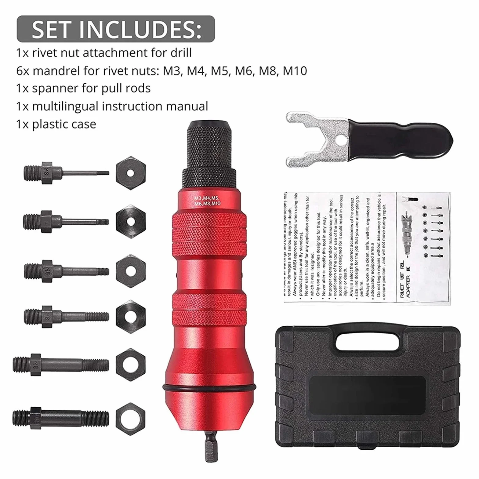 Zestaw Adaptera do Wiertarki do Nitonakrętek, Elektryczny Adapter do Nitonakrętek z 6 Wymiennymi Głowicami 150 Nakrętek do Montażu, Konserwacji, Aluminiowy materiał Konstrukcyjny