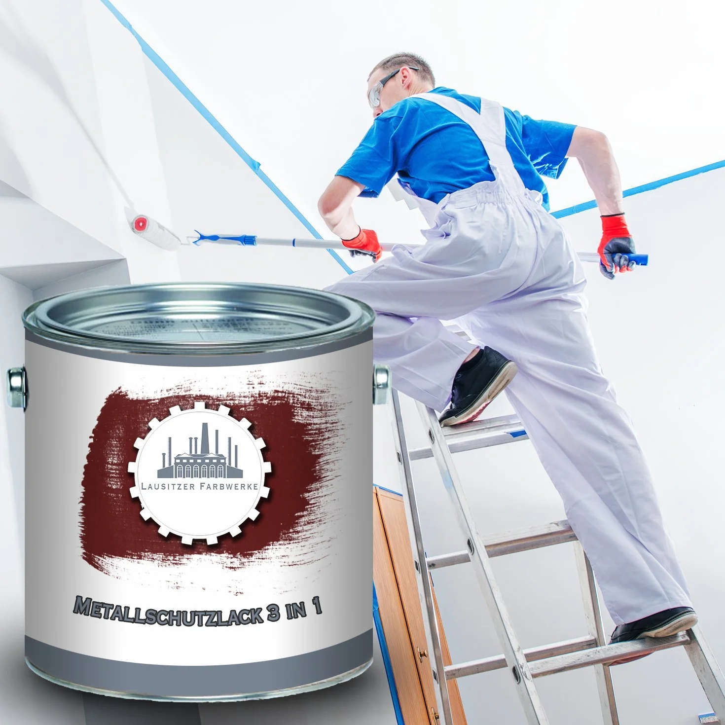 Lausitzer Farbwerke Farba ochronna do metalu 3 w 1, lakier ochronny do metalu 3 w 1, oszczędzasz sobie produktów antykorozyjnych, farba do metalu, stali, żelaza, cynku, aluminium (2,5 l, czerwono-brązowy (RAL 8012))