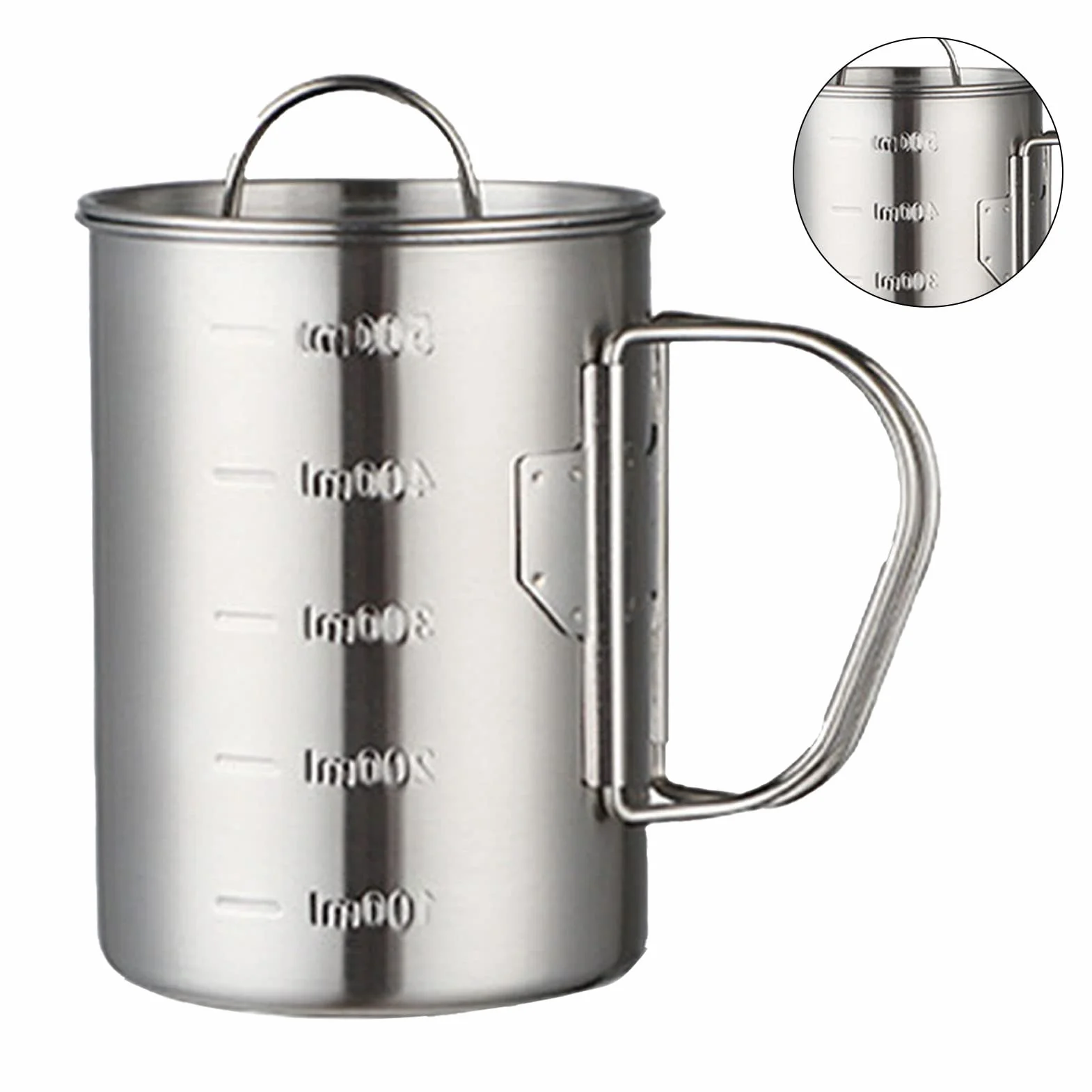 lyrlody Kubek Kempingowy ze Stali Nierdzewnej, Kubek z Uchwytem, ​​składanymi Uchwytami i skalą Objętości, Składany z pokrywką, na Piknik Kempingowy (500ML)