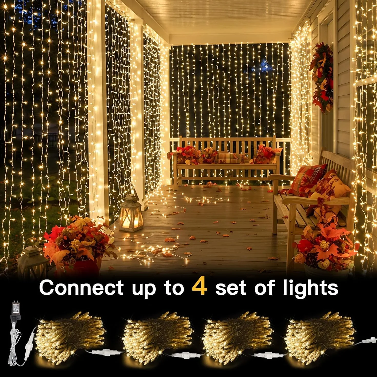 Joycome Kurtyna świetlna, 6 m x 3 m, 600 diod LED, 8 trybów świecenia, oświetlenie bożonarodzeniowe, zasilanie prądem, wodoszczelna, na ścianę, do pokoju, na balkon, do użytku na zewnątrz, dekoracja