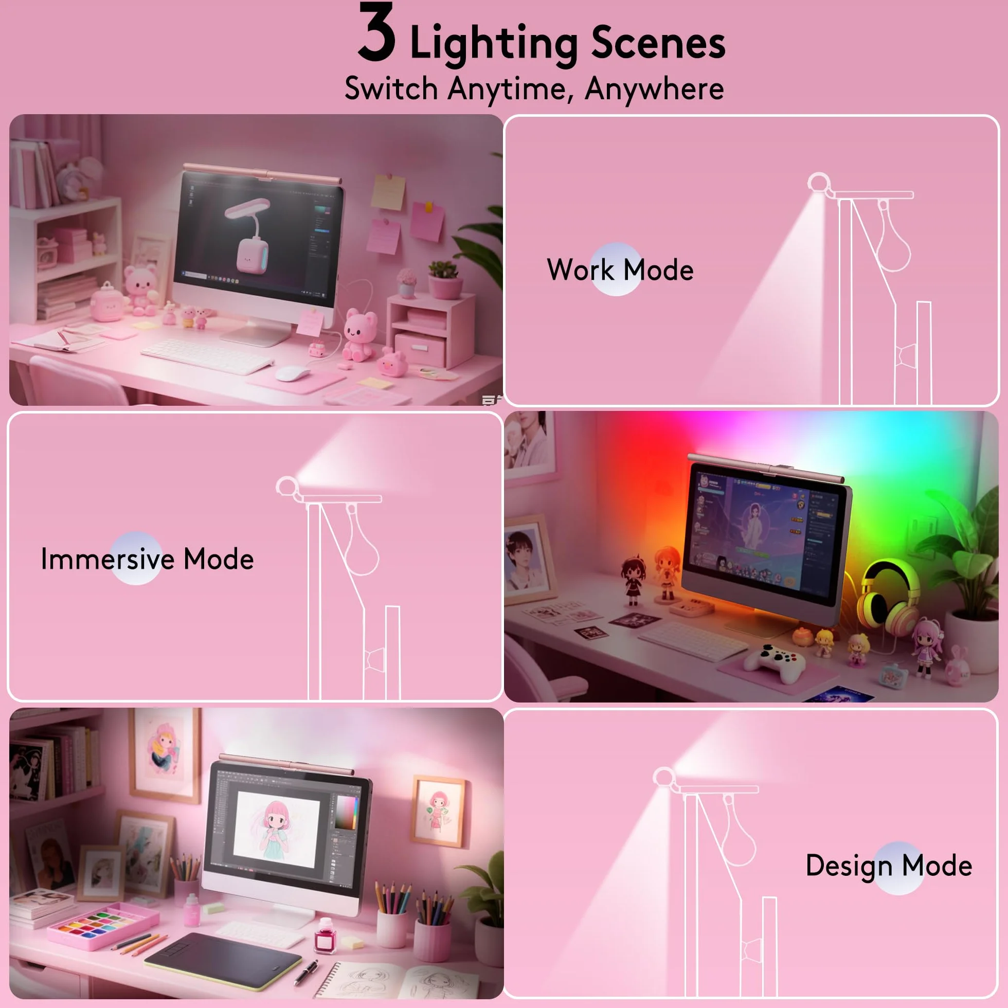 Quntis 51cm różowa listwa oświetleniowa monitora z pilotem i podświetleniem RGB, zakrzywiona lampa monitora komputerowego, regulacja temperatury barwowej i jasności, brak odblasków, ochrona oczu