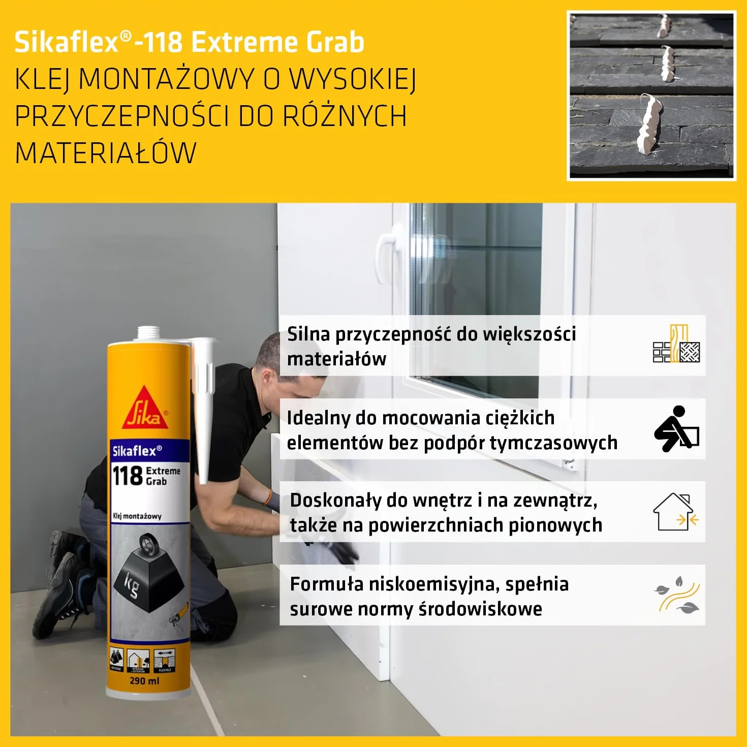 Sika - klej montażowy - bardzo wysoka przyczepność początkowa - Sikaflex-118 Extreme Grab do większości typowych podłoży budowlanych - biały - 290 ml