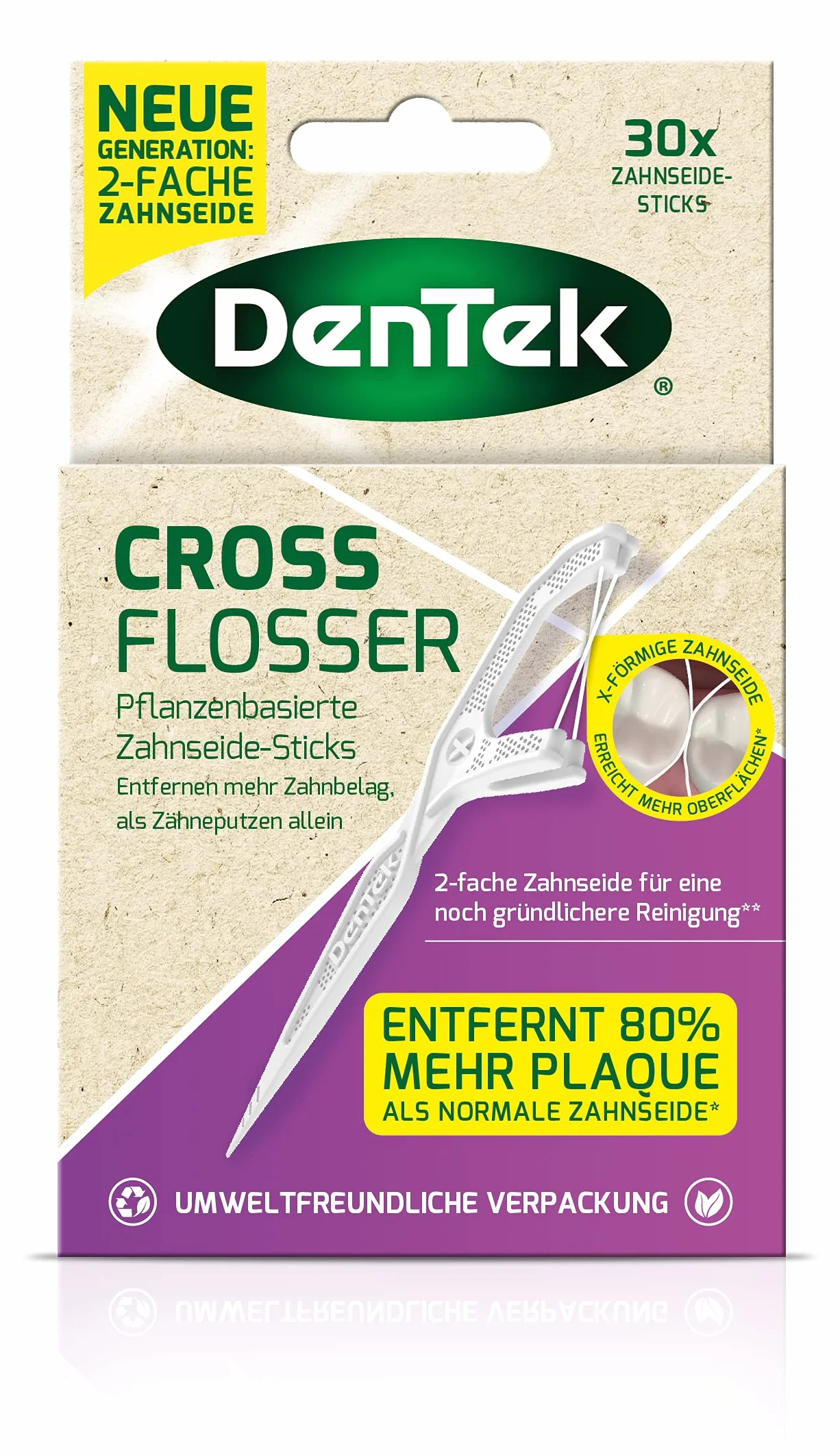Dentek Cross Flosser – patyczki z nicią dentystyczną na bazie roślin – odporne na rozerwanie – czyszczenie przestrzeni międzyzębowych – smak mięty – fluorek – wykałaczki, 1 x 30 szt