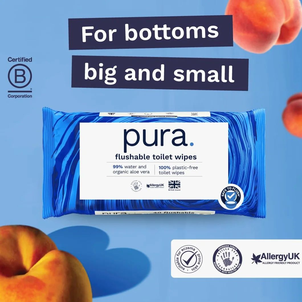 Pura Wysokiej jakości wilgotne chusteczki toaletowe do spłukiwania, 40 sztuk, czyste myjki, certyfikat "Fine To Flush", w 100% bez plastiku, biodegradowalne, nadające się do kompostowania