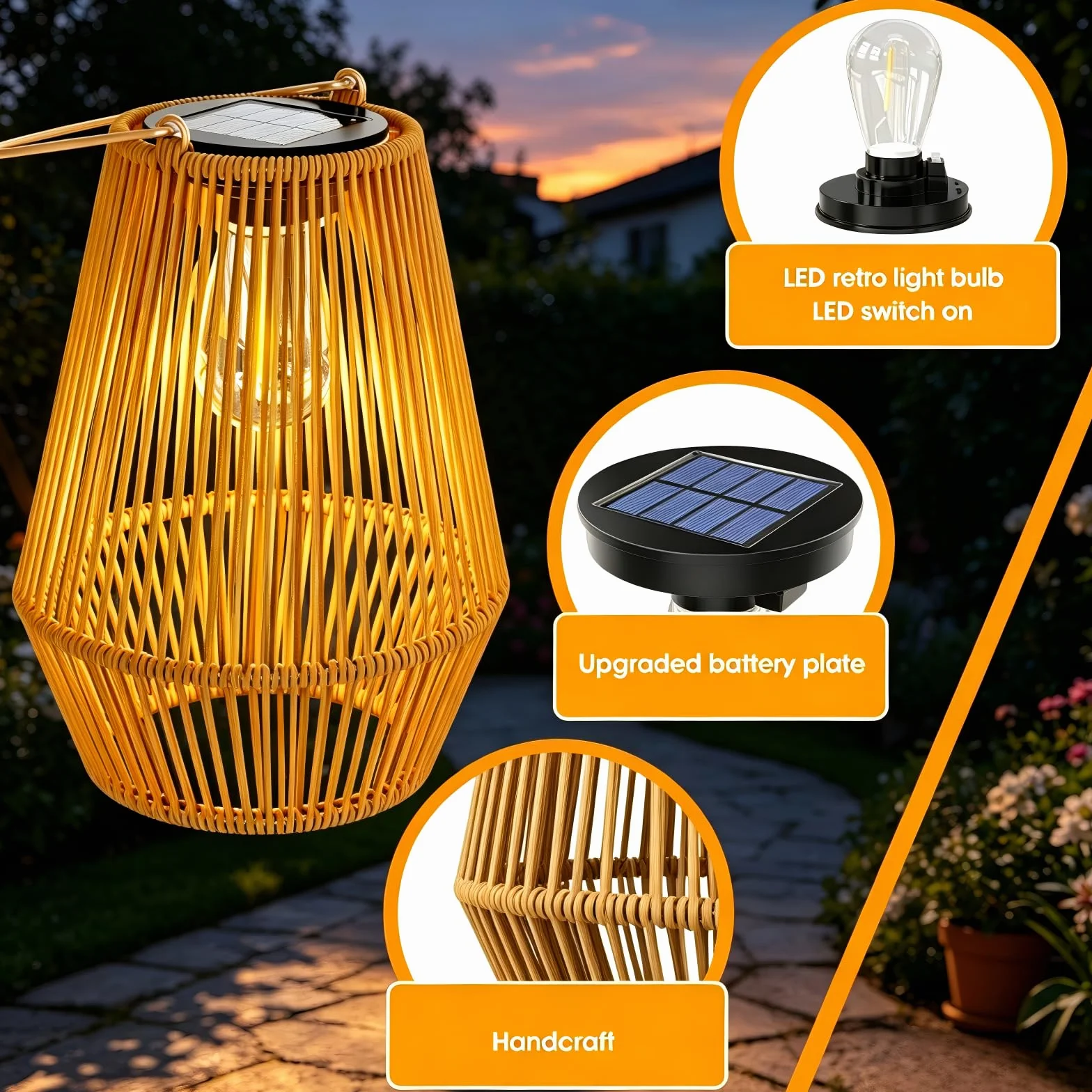 Zewnętrzna lampa solarna do ogrodu, KagoLing 2 zewnętrzna lampa solarna IP65, ręcznie robiona, wisząca latarnia słoneczna, idealna do ogrodów bożonarodzeniowych, Halloween, balkon