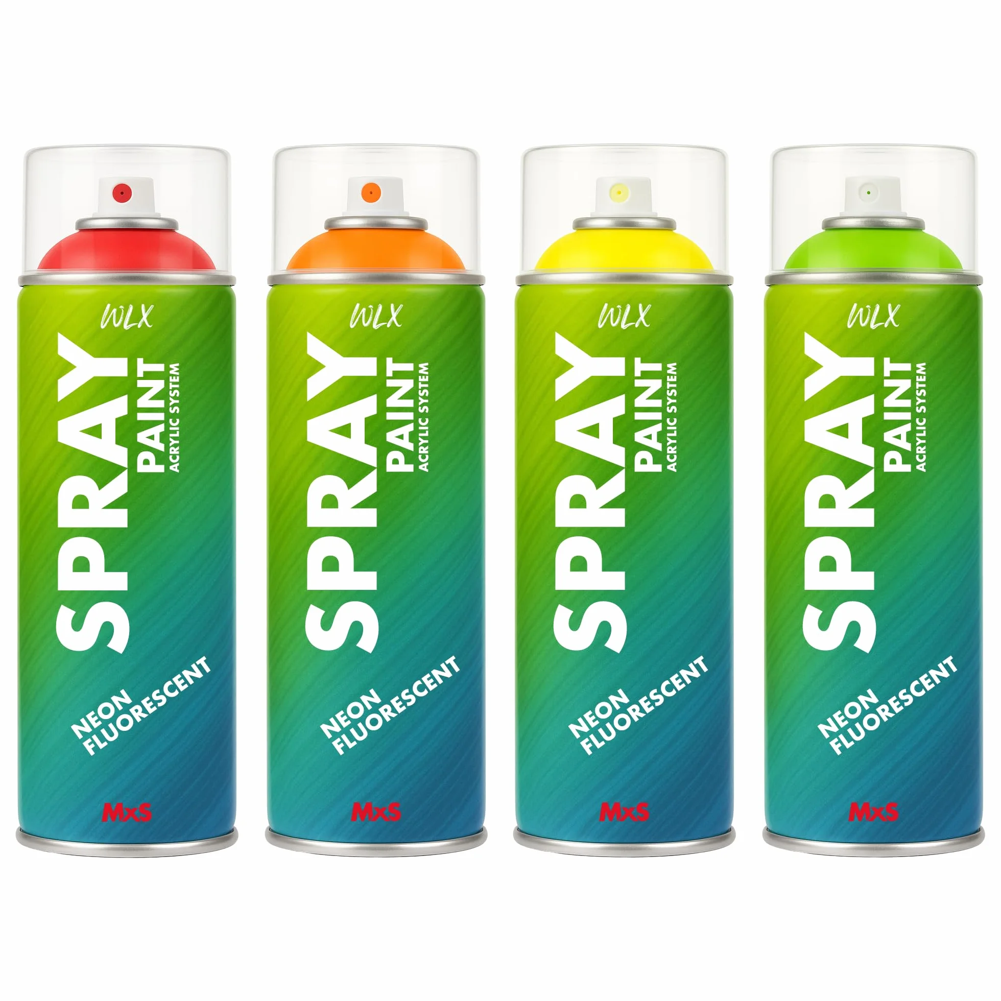 WLX Zestaw farb neonowych w sprayu, 4 kolory po 400 ml, wysoce widoczne, szybkoschnące farby fluorescencyjne do drewna, metalu, kamienia i szkła