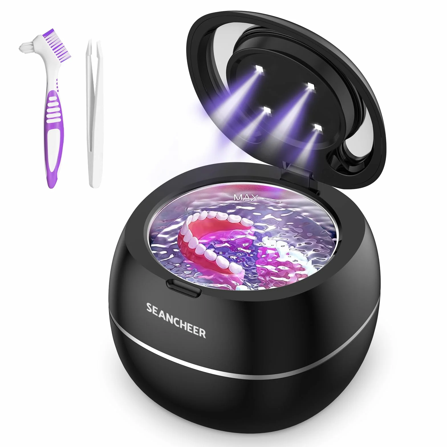 SEANCHEER Urządzenie Do Czyszczenia Ultradźwiękowego | 48000Hz | 24W | 180ML | Czyścik Ultradźwiękowy z lampą UV Do | Protez | Retainerów | Alignerów | Szyn Zębowych | Biżuterii | (Czarny)
