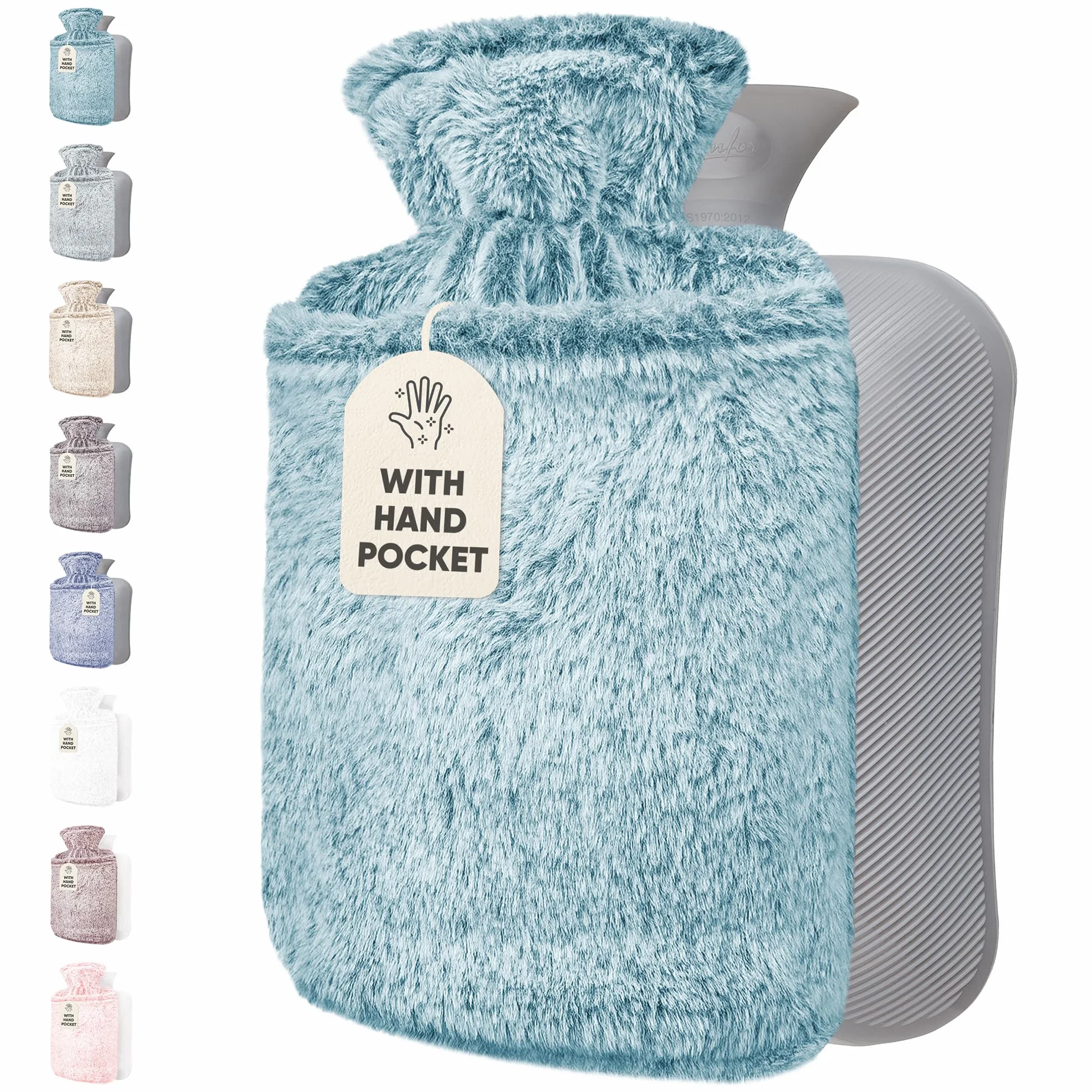 Hot Water Bottle 2L with Fleece Cover and Kangaroo Pocket Green for Menstrual Cramps Period Comfort
