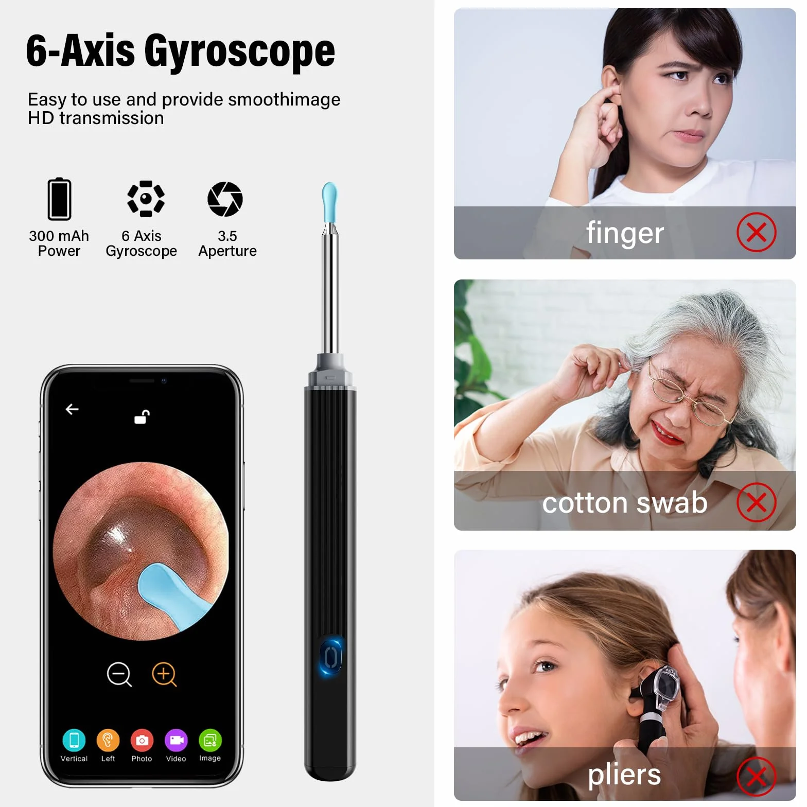 Otoskop do usuwania woskowiny, 1080p, urządzenie do czyszczenia uszu z kamerą, WiFi z kamerą, wodoszczelność IP67, kamera do uszu z 6 diodami LED – otoskop, do iPhone'a, Android, iPada, czarny