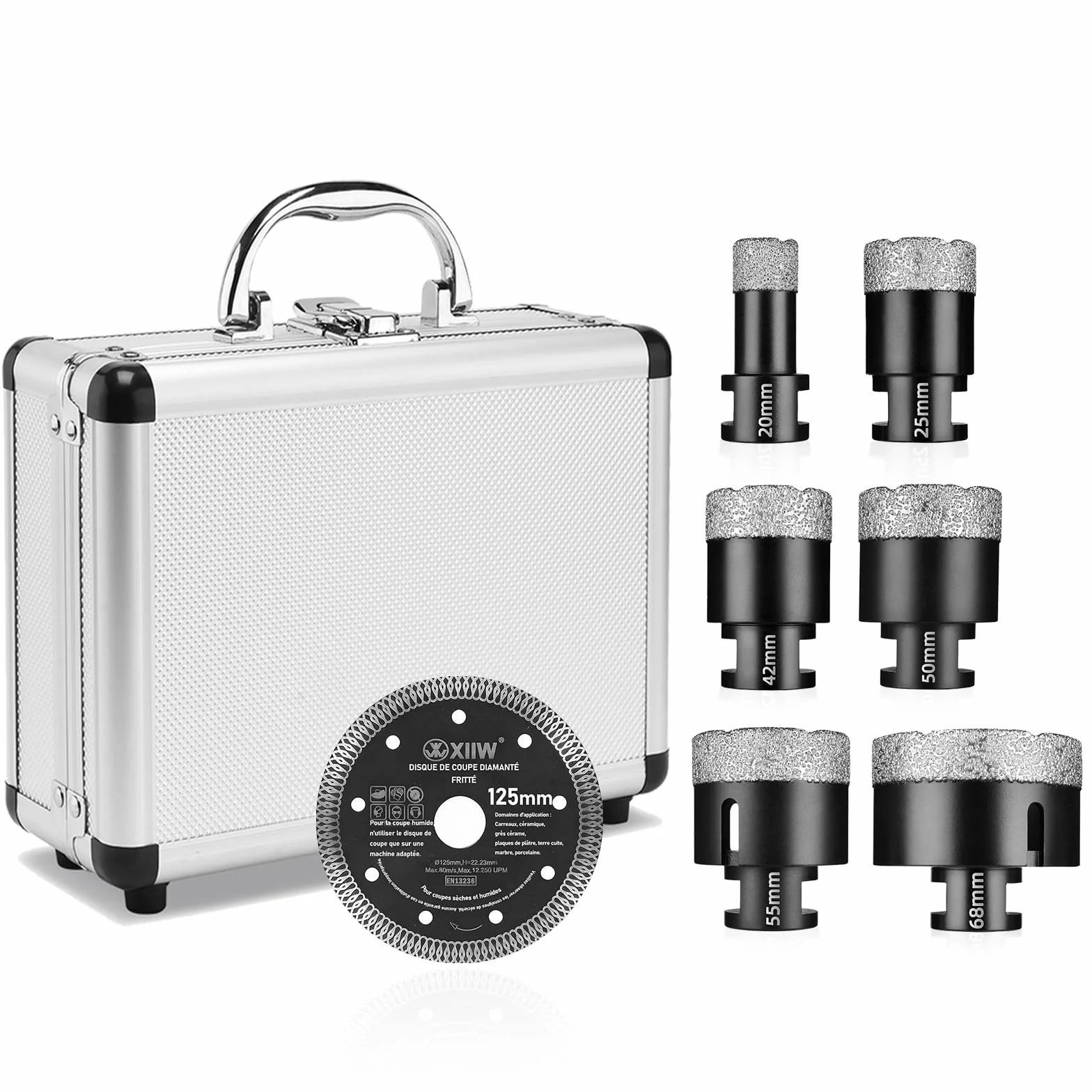 7-częściowy zestaw wierteł do płytek M14 x 15 mm, diamentowa koronka wiertnicza 20-68 mm + tarcza tnąca 125 mm, do szlifierek kątowych, otwornic, płytek, granitu, gresu, ceramiki, muru, korony