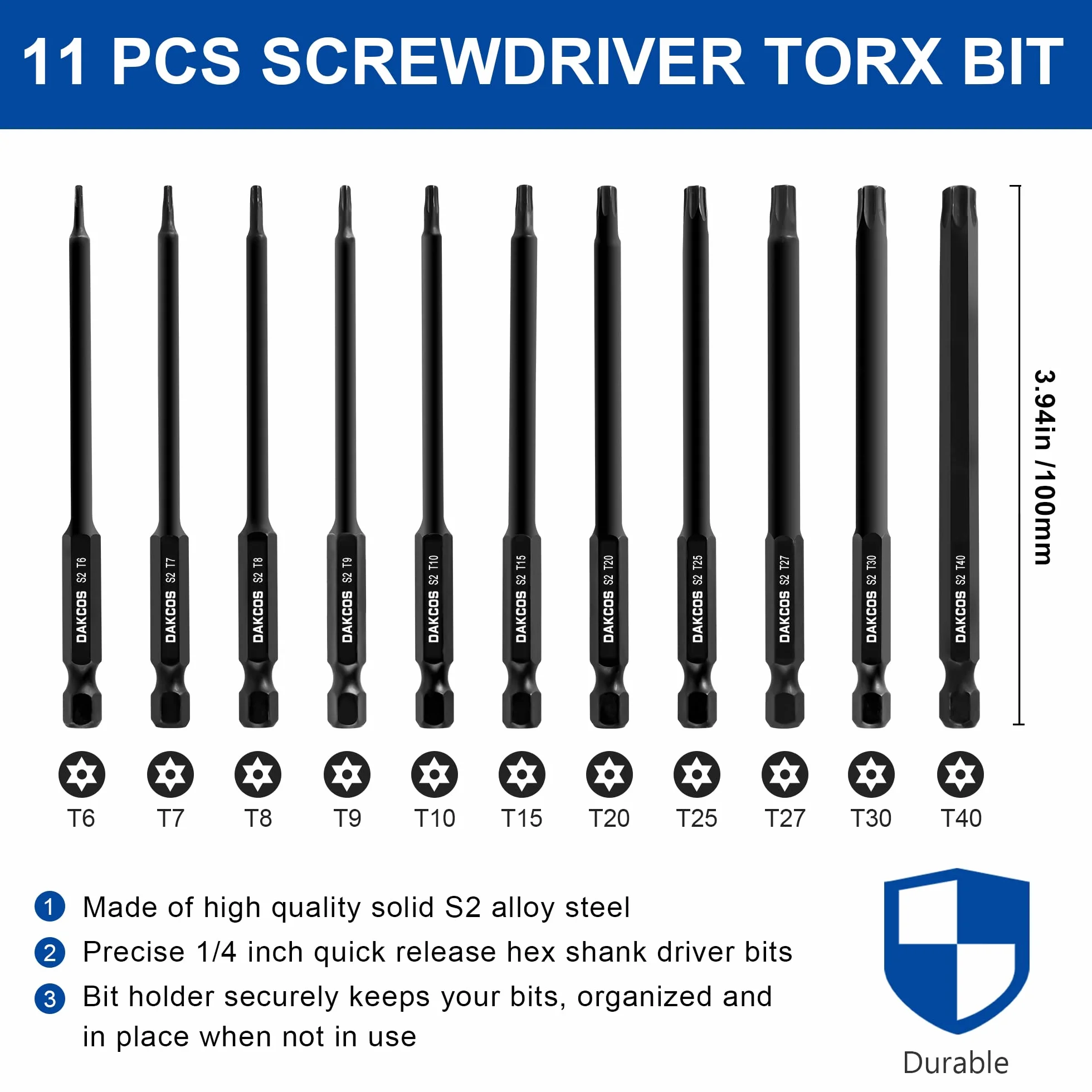 DAKCOS T6 - T40 zestaw bitów Torx odporny na manipulacje, 11-częściowy zestaw bitów Security Star, długość 100 mm, stal stopowa Premium S2