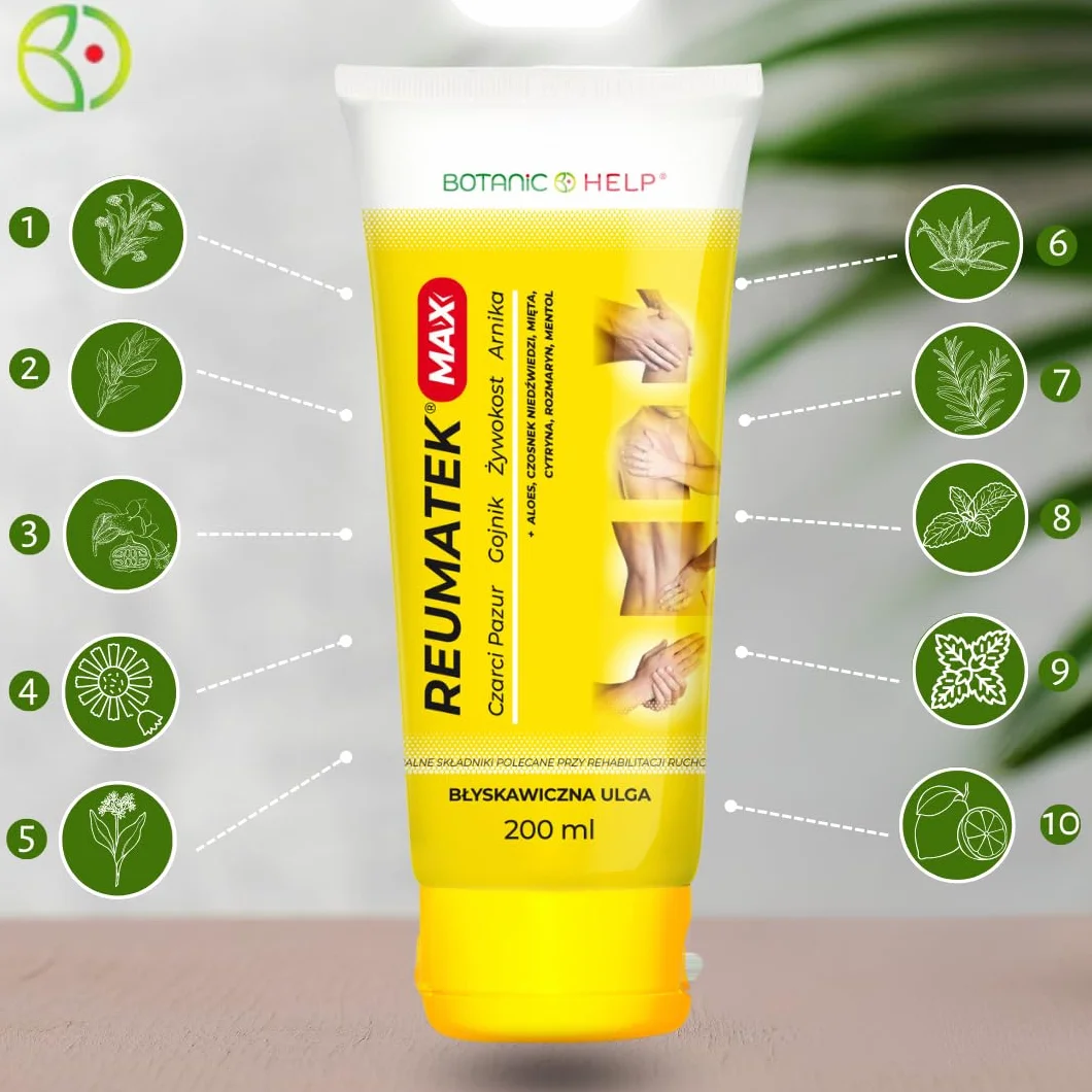 BotanicHELP - Reumatek MAX Żel do Masażu Mięśni Stawów Żel Zywokost Masc Czarci Pazur Żel Chłodzący Czosnek Niedźwiedzi Rozmaryn Arnika Gojnik Mentol Aloes 200ml