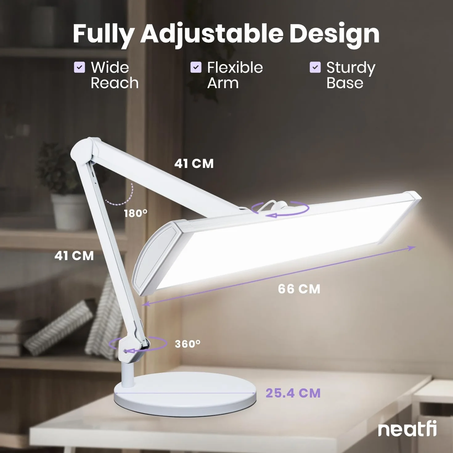 Neatfi Ultra Lampa Biurkowa – 3 500 Lumenów, 45W LED, Szeroki Klosz 66cm, 5 Poziomów Jasności, Światło Bez Cieni i Bez Migotania, Lampa do Czytania, Rękodzieła (Bez CCT z Podstawą, Biały)