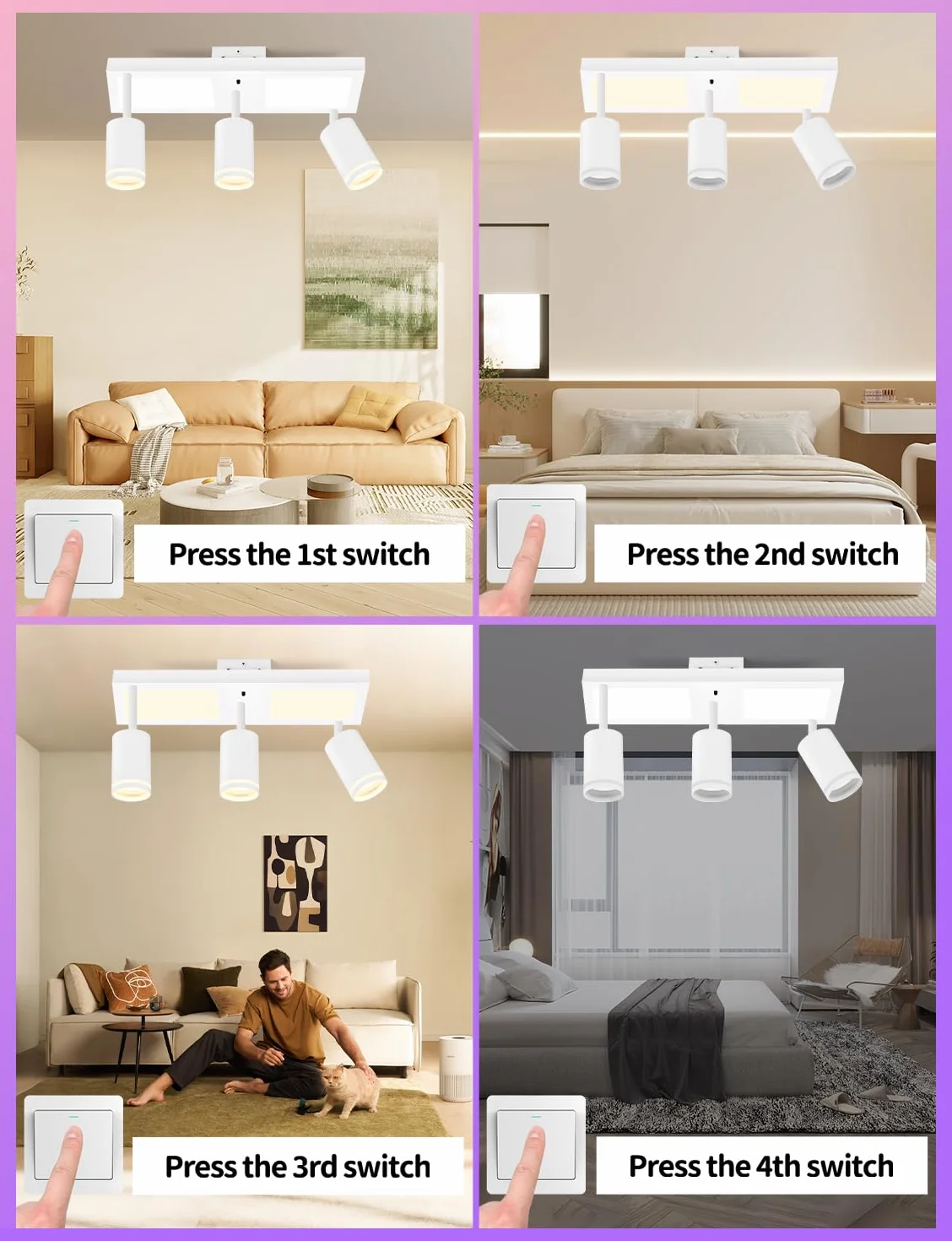 YindaLux Lampa sufitowa LED z 3 ściemnialnymi reflektorami z pilotem zdalnego sterowania, RGB 25 W 2850 lm, obrotowe reflektory sufitowe GU10, biała lampa sufitowa z dolnym blaskiem 10 W, 3 x 5 W