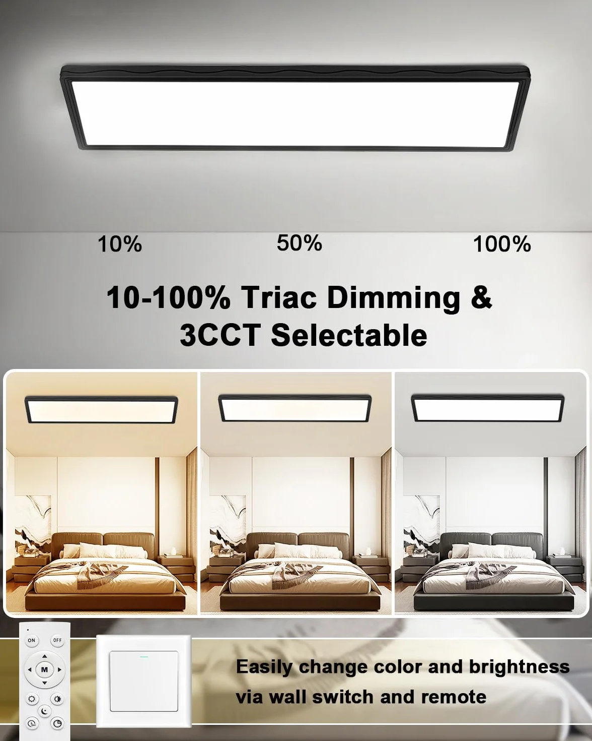 Bowfar Lampa sufitowa LED, prostokątna lampa sufitowa z pilotem, ściemnialna w zakresie 3000–6500K, ultracienki panel LED 24W z podświetleniem do sypialni, biura, łazienki, 58 * 20 * 2,5 cm – czarny
